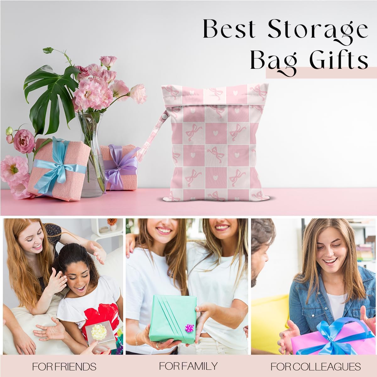 Wet Bag for Swimsuit, Beach Travel Essentials Wet Dry Bag, for Sunscreen Toiletry Dirty Clothes Yoga Gym Diaper, Friends Summer Beach Vacation Gifts. Pink plaid bow