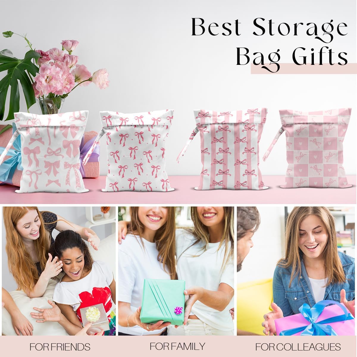 4 Pack Wet Bag for Swimsuit, Beach Travel Essentials Wet Dry Bag, for Sunscreen Toiletry Dirty Clothes Yoga Gym Diaper, Friend Summer Beach Vacation Gifts. Pink Bow Series
