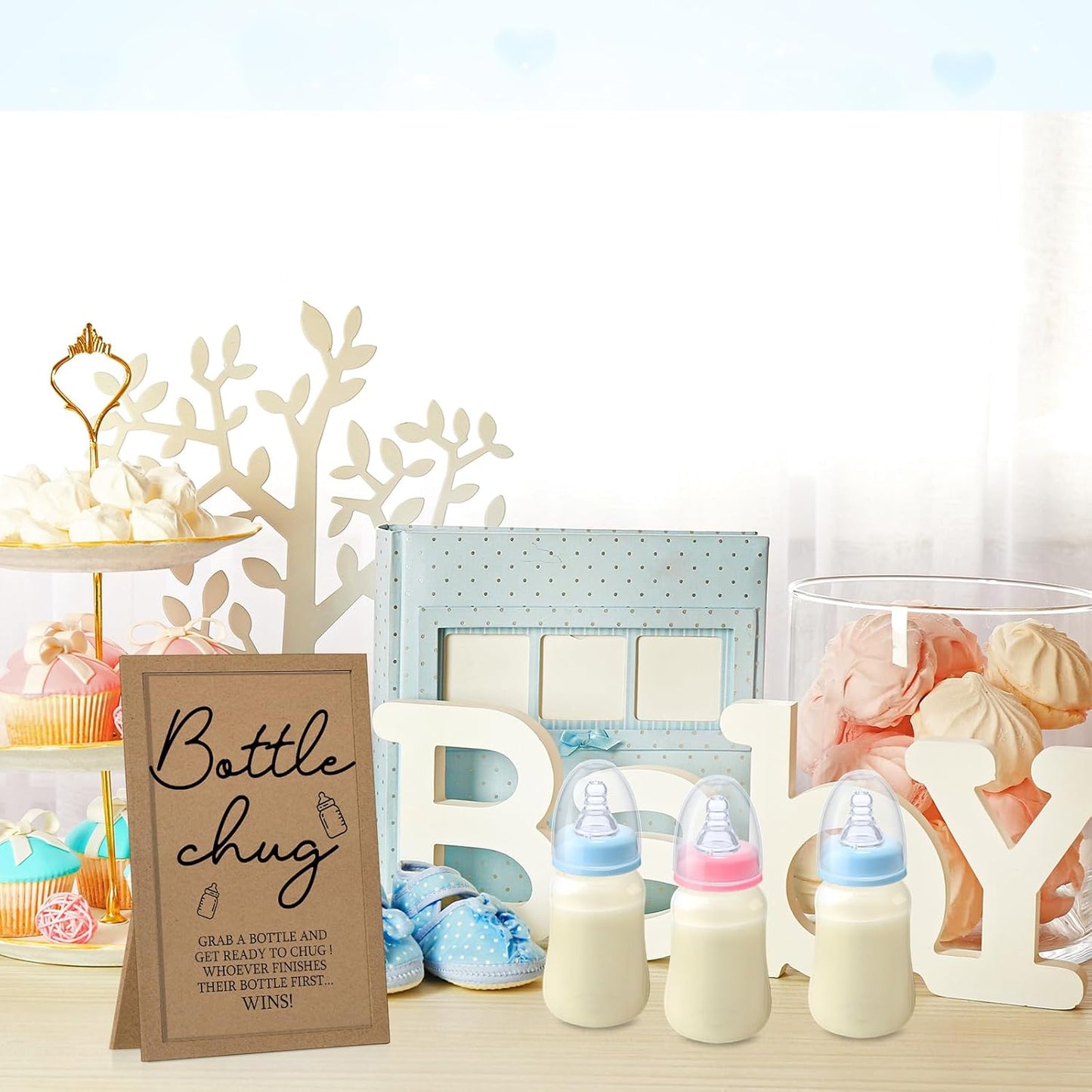 Roowest Bottle Chug Baby Shower Game Favors Including Kraft Theme Wooden Sign and 18 Pcs Baby Bottles for Gender Reveal Party Supplies
