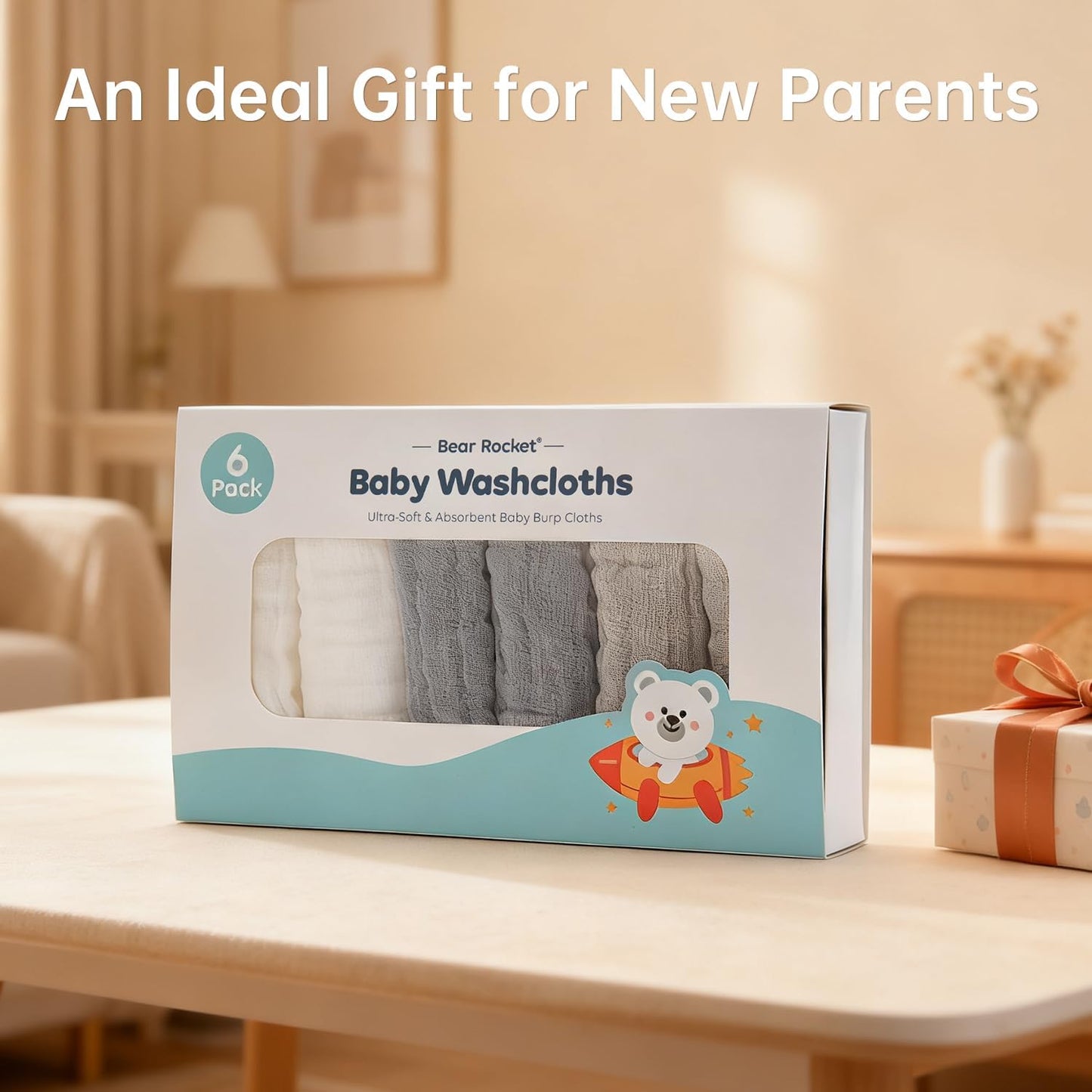 Organic Muslin Baby Washcloths 6 Pack Baby Bath Face Towel 12x12 Inch Extra Absorbent and Soft Burp Cloth and Wash Cloths for Newborn-Infants On Sensitive Skin (White Grey Brown)