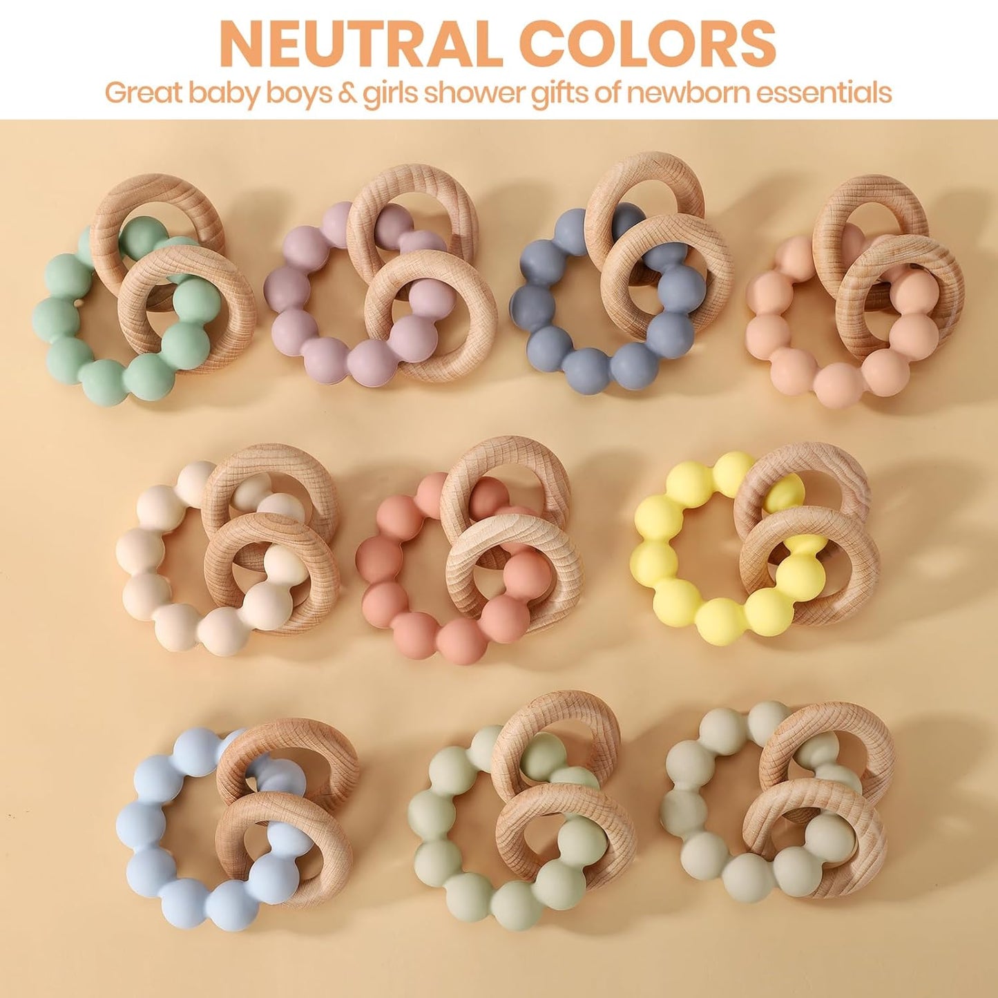 Socub Baby Teething Toys for 0-6 6-12 Months- BPA-Free Food-Grade Silicone & Natural Beech Wood Teether Ring for Newborn Infants Teething Relief- Easy-Grip Sensory Rattle Toys(Dusty Lilac)