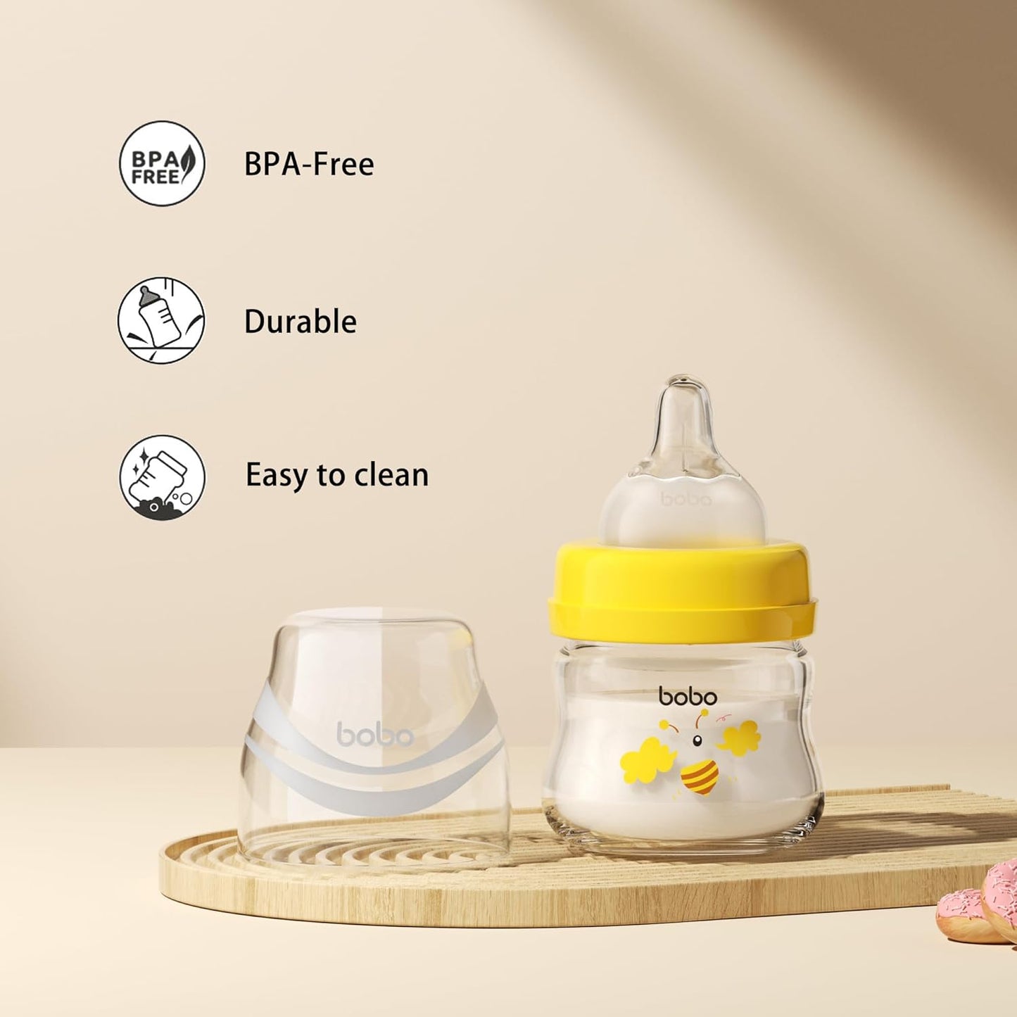 YOHKOH Glass Baby Bottles with Slow Flow Nipple, Newborn Anti-Colic Baby Bottles for 0+ Months, Wide Neck Feeding Bottle, Clear (Yellow, 2.7oz (Pack of 2))