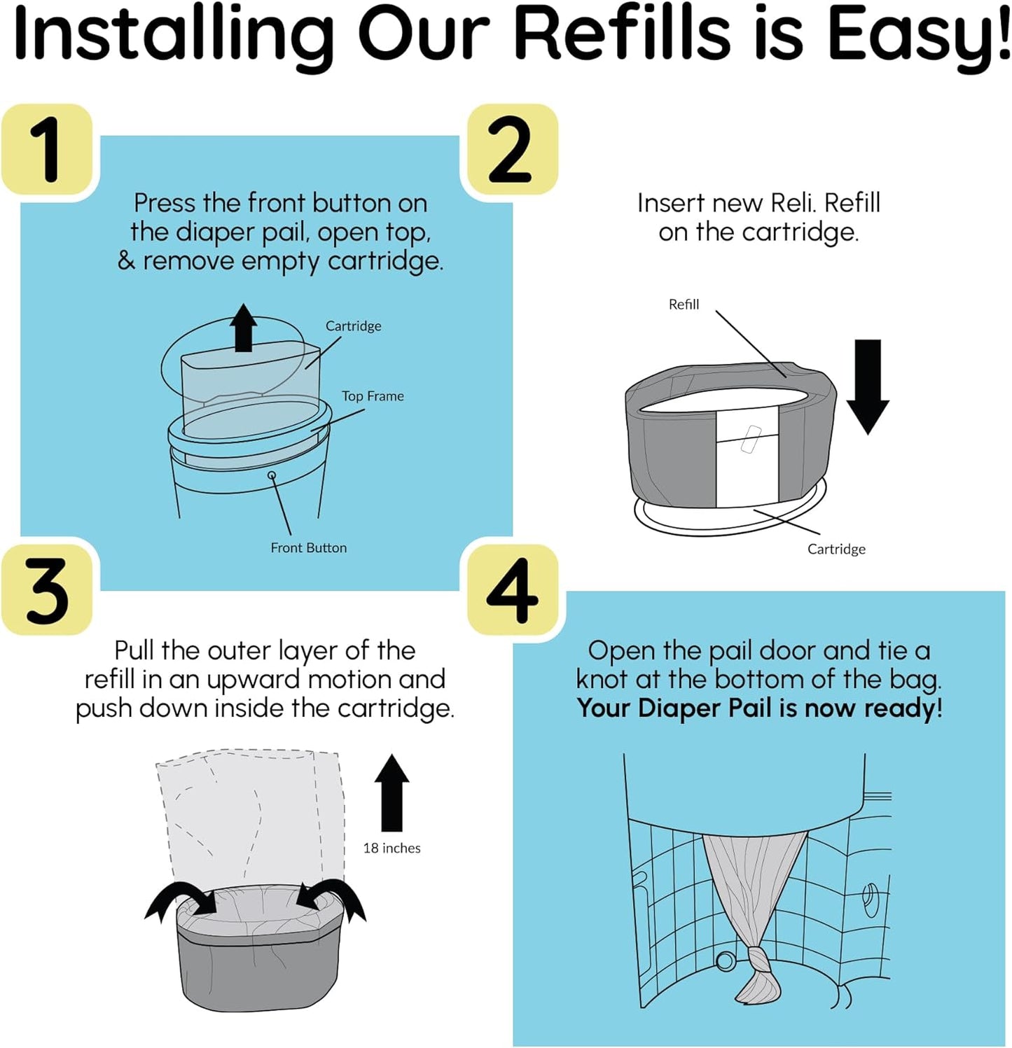 Reli. Diaper Pail Refill Bags, Compatible with Dekor Classic (10 Pack) | Diaper Dekor Refills w/Powder Fresh Scent | Odor Blocking, Strong, Easy Replacement Bags | Holds up to 4950 Diapers