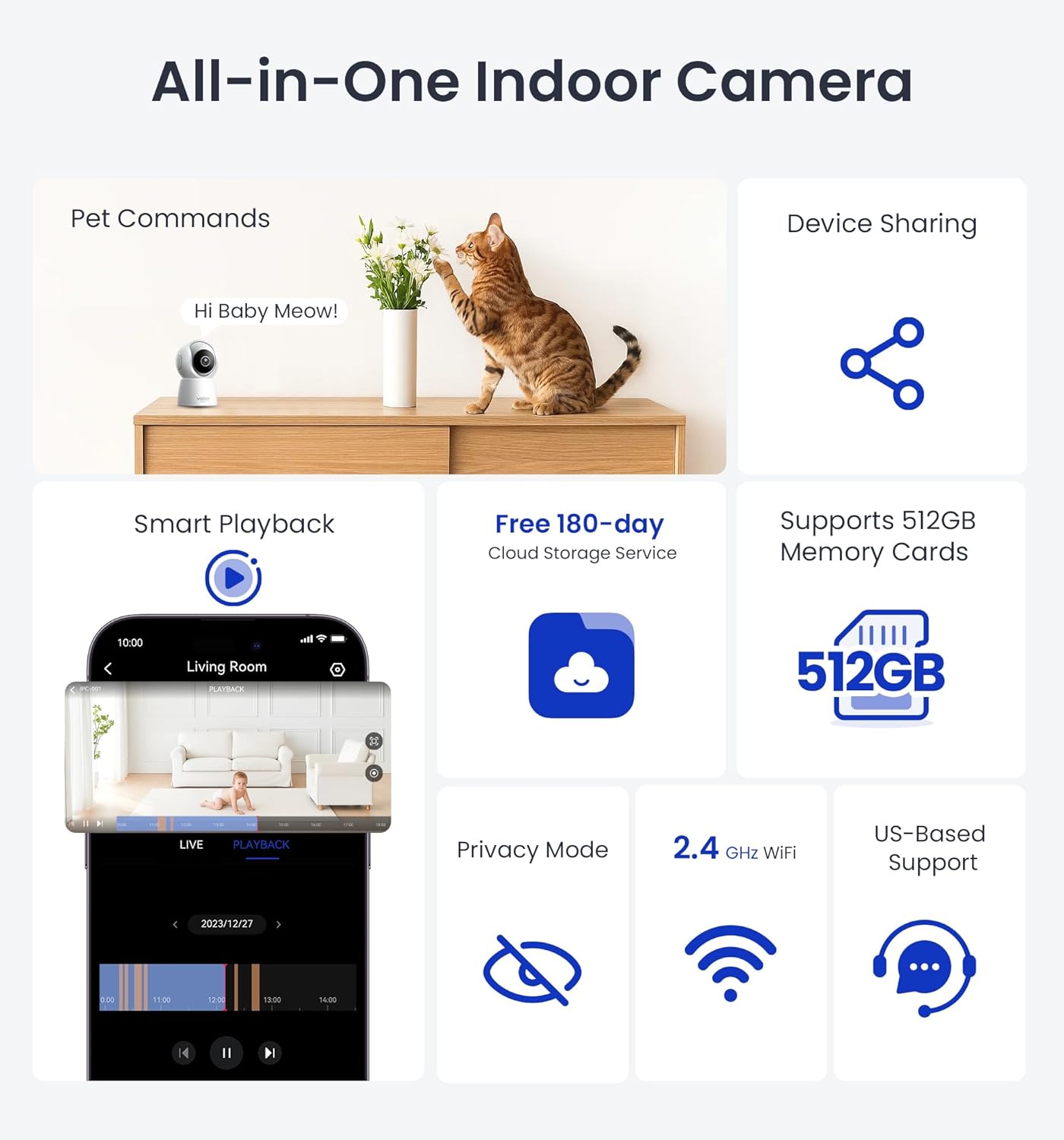 Veise 2K Security Camera Indoor 2.4GHz, 360° Pan/Tilt Cameras for Home Security, Pet & Baby Monitor, Motion Tracking, Voice Control, 2-Way Audio, IR Night Vision, Cloud &SD Card Storage, White