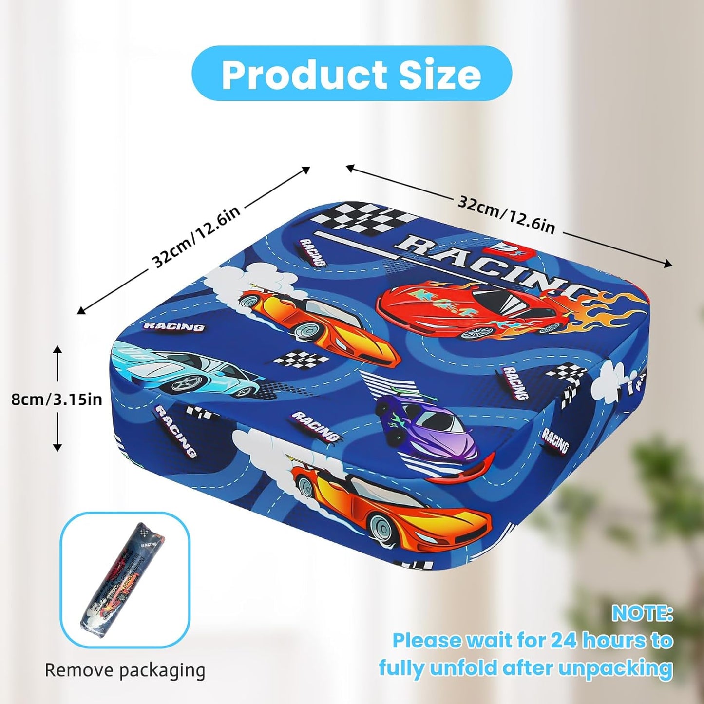 Toddler Booster Seat for Dining Table, Kids Booster Seat for Kitchen Chair with Non-Slip Bottom, Portable Detachable Washable Increasing Cushion with 2 Adjustable Straps (Racing car)