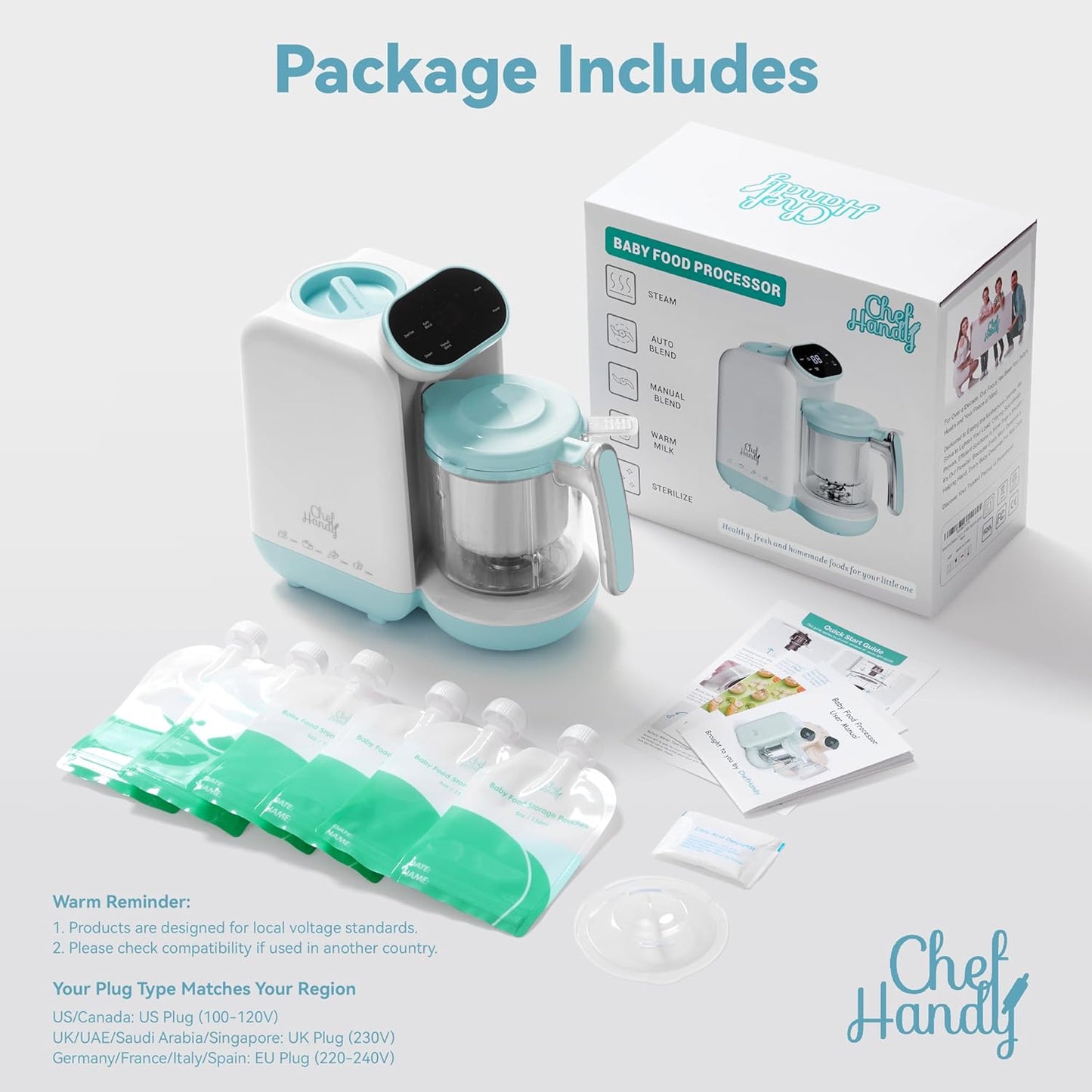 Chefhandy Baby Food Maker, Steamer & Blender, Puree Maker with Auto/Manual Blend, Steam Basket, Bottle Warmer & Sterili-zer, Compact Easy-to-Clean Baby Food Processor (White Blue)