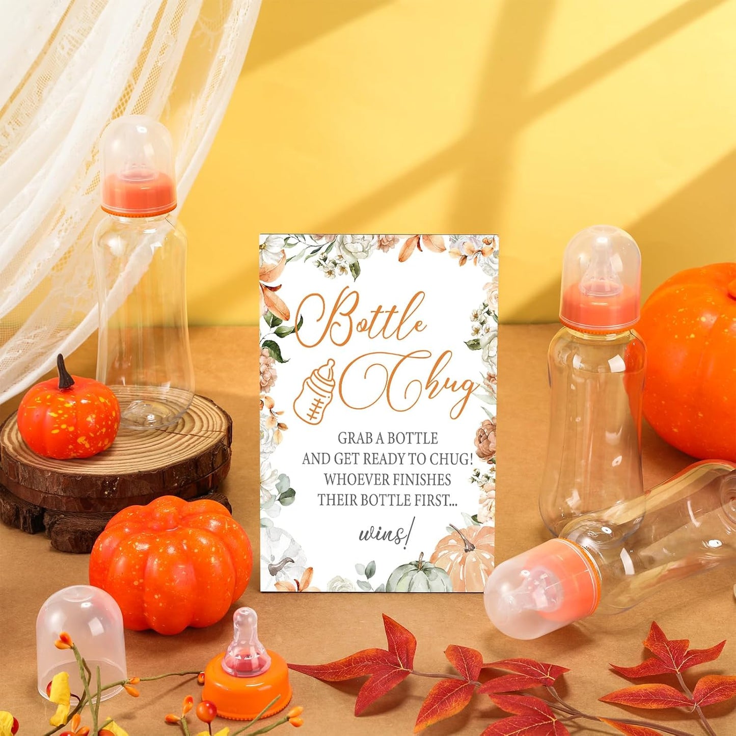 TrelaCo Little Pumpkin Cool Baby Shower Games Wooden Bottle Chug Sign Rustic Theme Baby Gift Sets and 12 Pcs Baby Bottle Shower Favor Baby Bottles for Rustic Kraft Baby Shower Games Gender Reveal