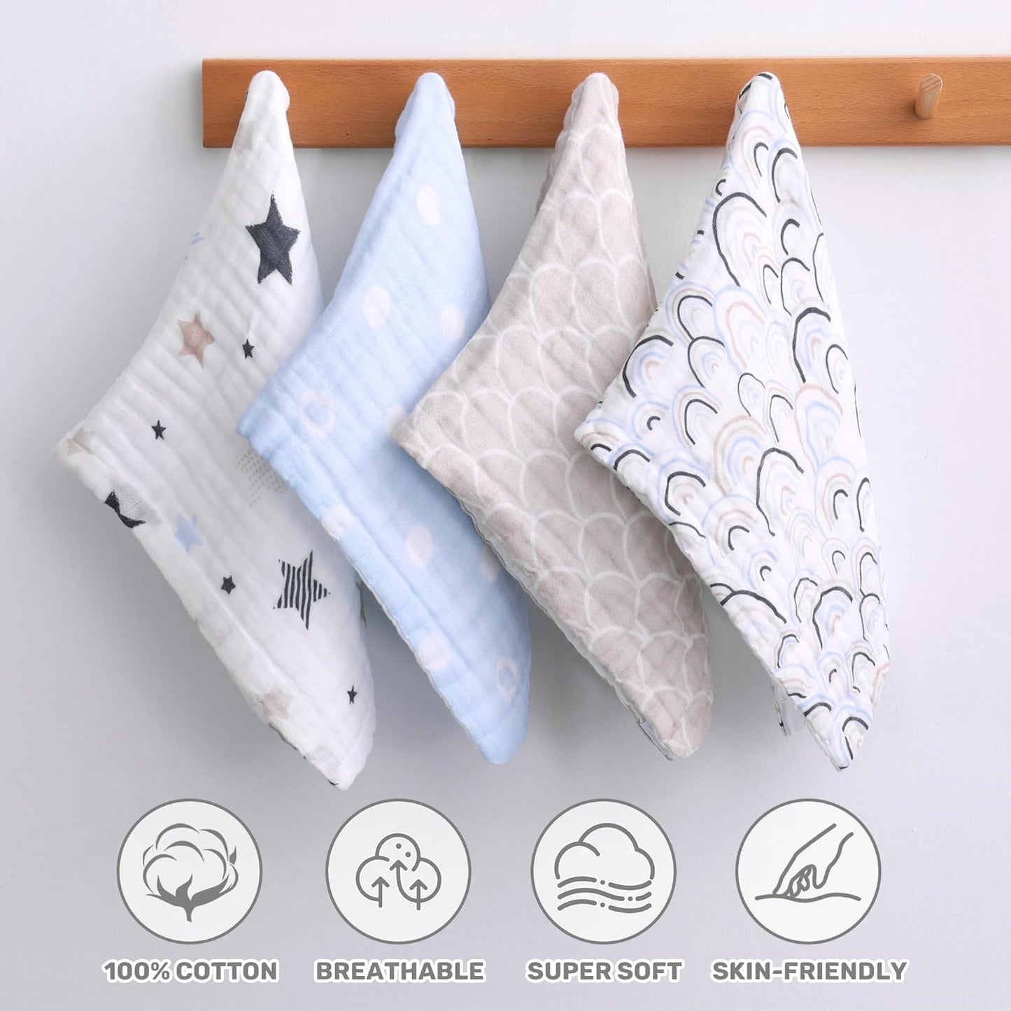 Viviland Baby Muslin Burp Cloths, Super Absorbent Washcloths for Baby Girl and Boy, 10 x 20 inches 6-Layer Baby Bath Towels, Blue Rainbow & Stars 4 Pack