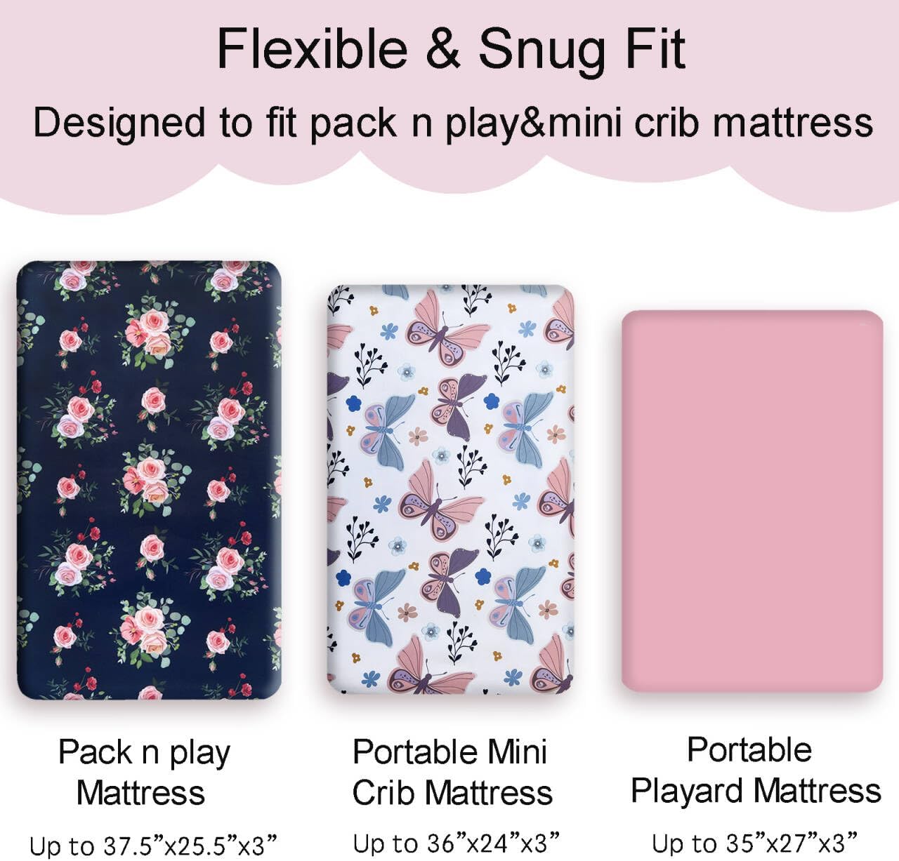 AMROSE 3 Pack Heavenly Soft Mini Crib Sheets, Microfiber Pack N Play Sheets Set for Baby Girls, Silk Touch Gentle, Fitted for Playard Portable Crib Mattress, Floral & Butterfly