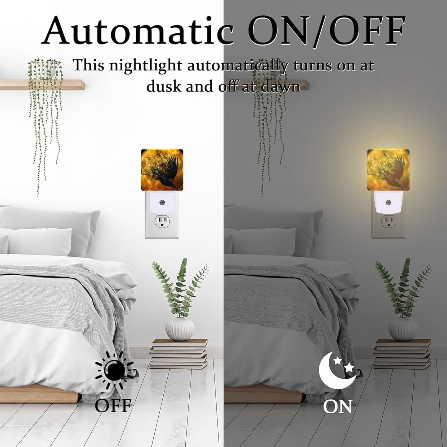 Crow with New Moon Night Light Plug into Wall, Flying Crow Dusk to Dawn Night Light,0.5w Energy Saving Sleep Friendly Nightlights for Kids Boys Girls Home Decor