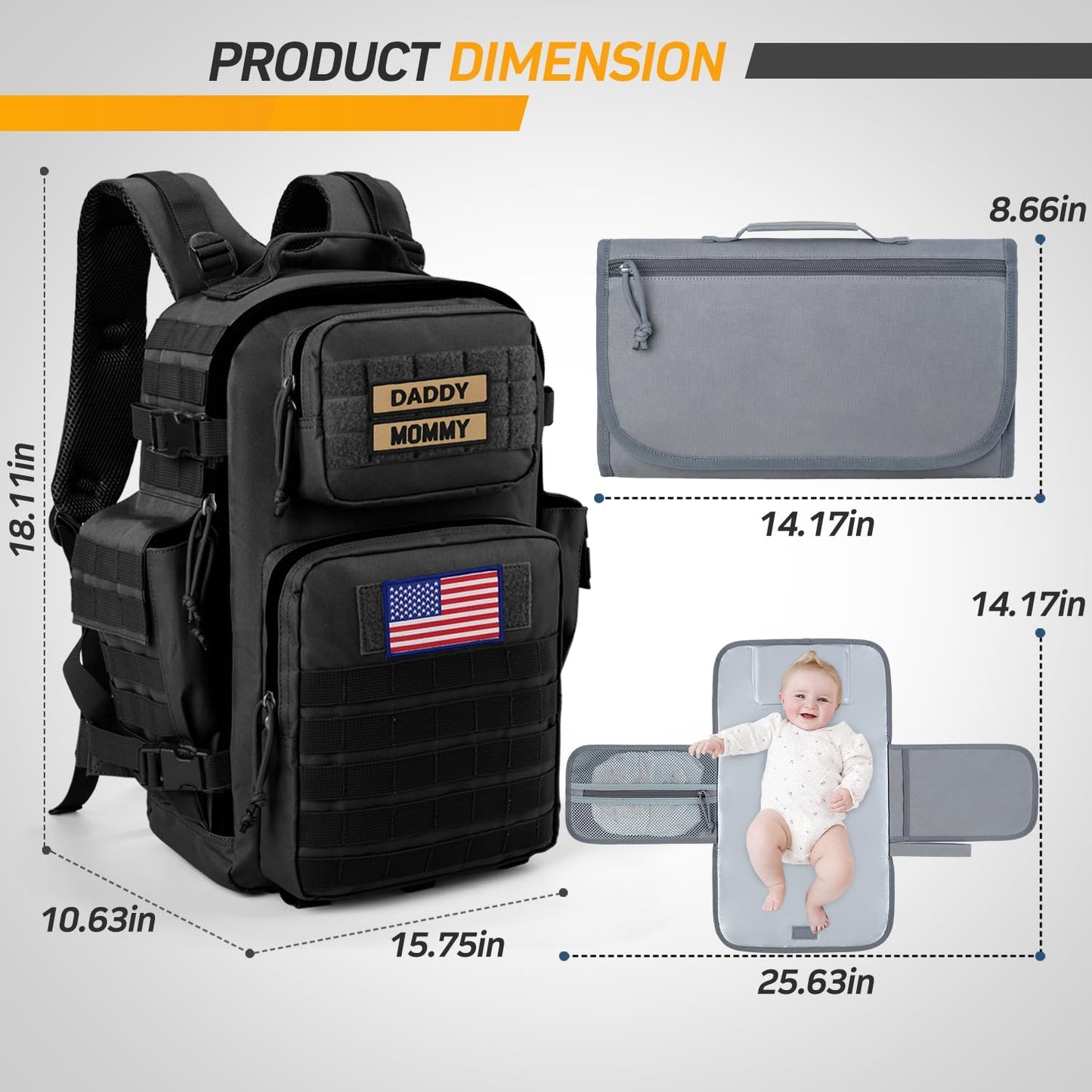 SHARKMOUTH Diaper Bag Military for Men - Large Baby Backpack with Changing Pad for Active Dad - Insulated for Outdoor Travel Camping Park Trips Black