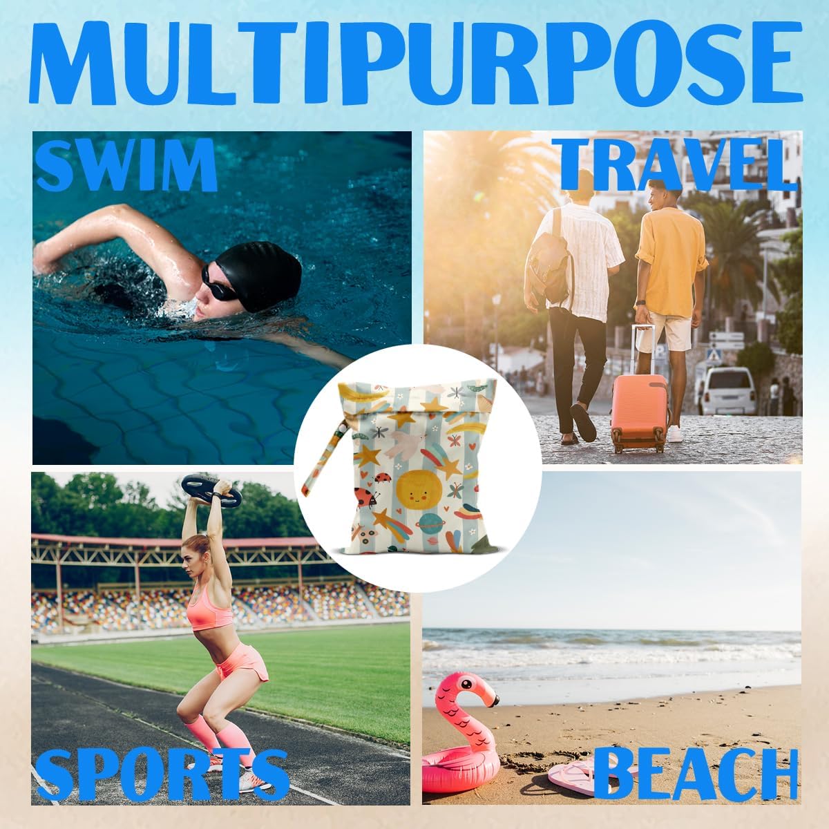 Wet Bag for Baby Swimsuit Dirty Clothes Diaper Yoga Gym, Wet Dry Bag, Beach Vacation Essential for Baby Travel Poor Swiming Bathing Toddler Items (Sun and Star)