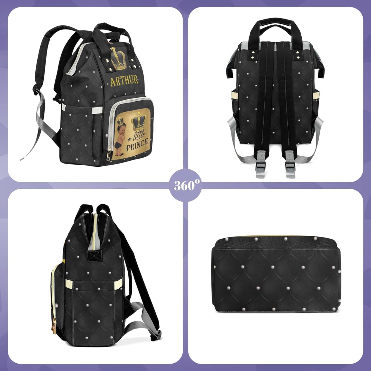 Personalized Diaper Bag Backpack for Boys, Black Gold Custom Diaper Bag with Name, Large Capacity, Waterproof Baby Boys Bag Backpack with Adjustable Shoulder Straps Nappy Bag