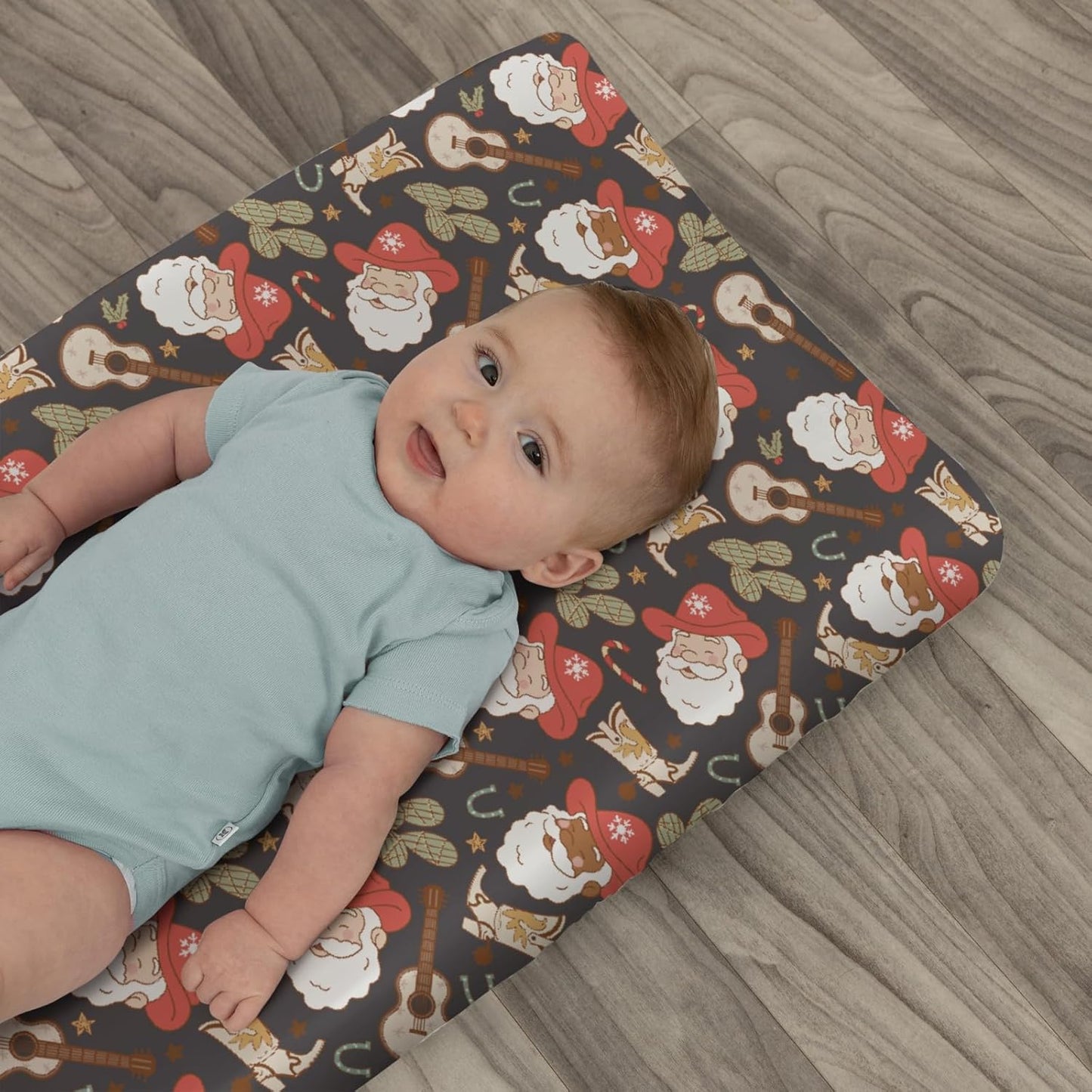Christmas Western Cowboy Santa Baby Changing Pad Covers for Boy Girl Country Santa Cactus Boots Guitar Fitted Changing Table Mats Winter Holiday Festive Soft Diaper Change Table Sheets 32''×16''