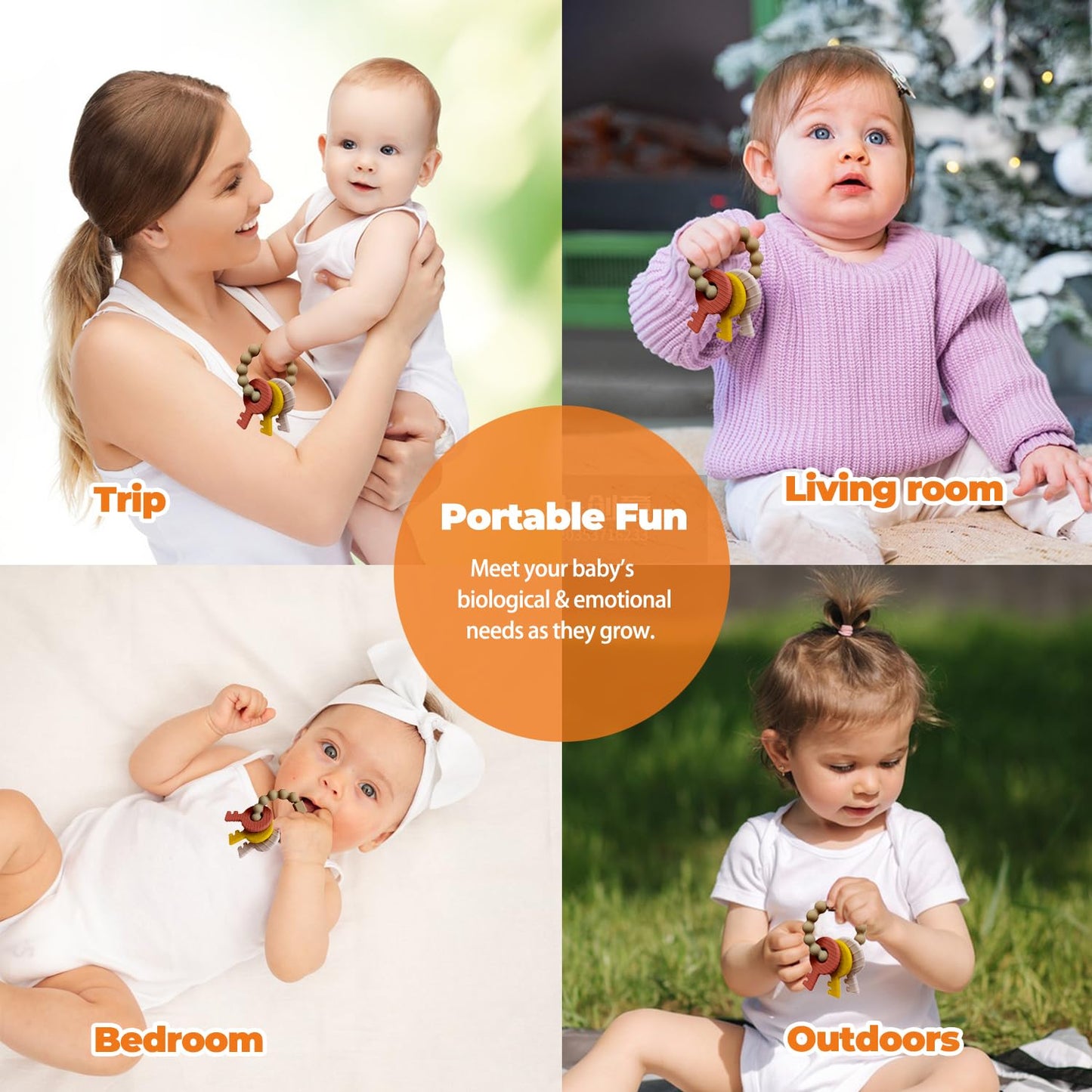 Baby Keys Teether Toys,Silicone Teething Toys for 3+ Months,Teething Keys Toy for Infants-Soft & Raised Texture to Soothe Gums,BPA Free(Brown)