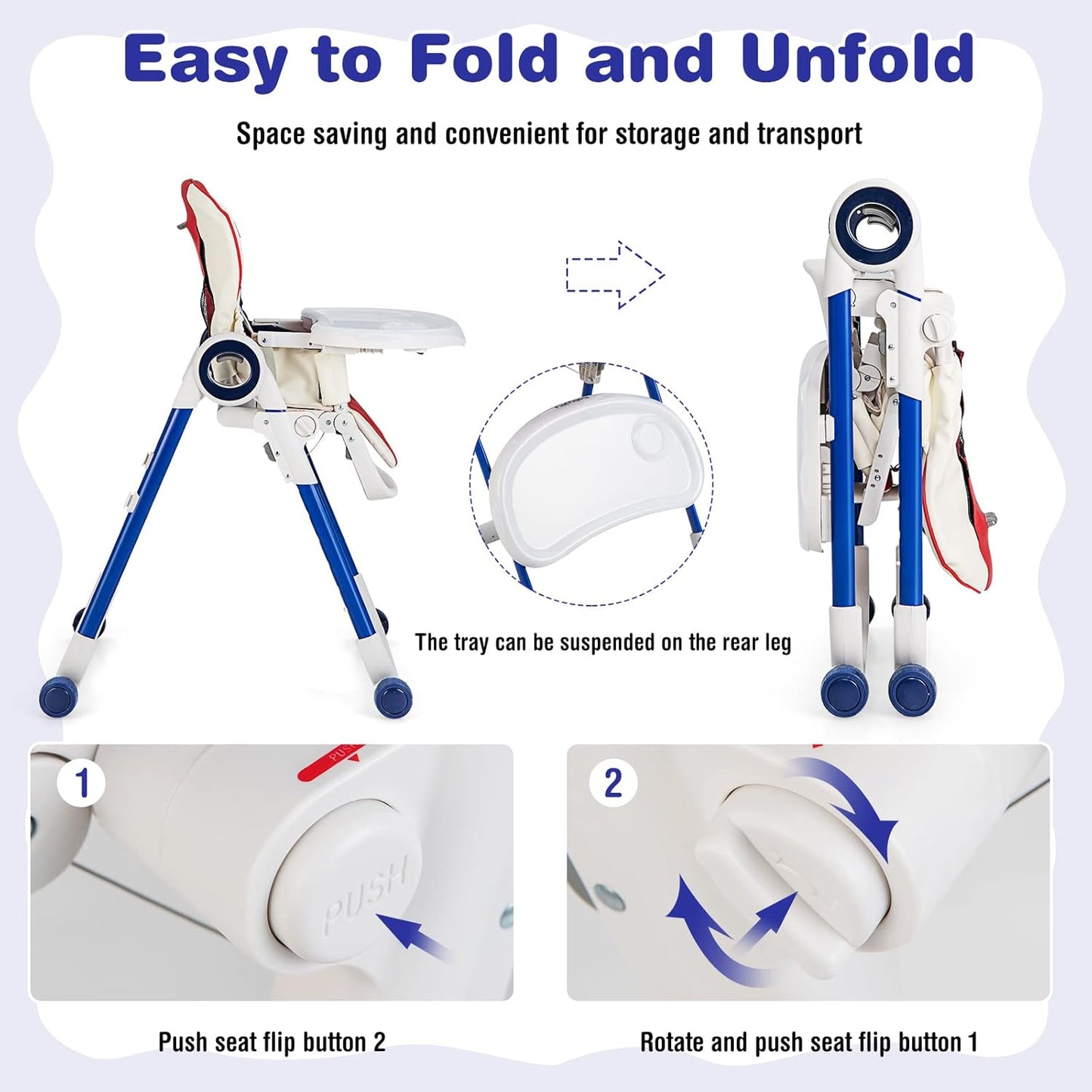 BABY JOY High Chair for Babies & Toddlers, Foldable Highchair with Adjustable Backrest/Footrest/Seat Height, Double Removable Trays, Detachable Seat Cushion, 4 Lockable Wheels (Colorful)