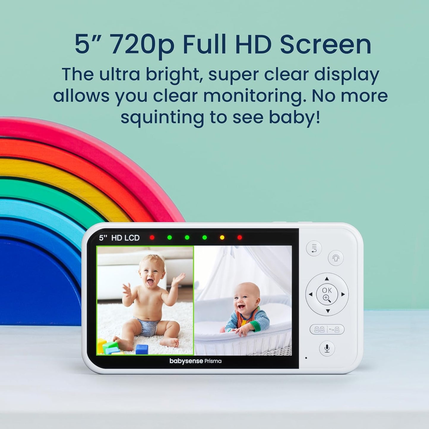 Babysense Prisma Baby Monitor with Camera and Audio, 5” HD Video Baby Monitor with 2 Cameras, 6-Color Night Light, Split Screen, Sound Machine with White Noise & Lullabies, Secure No WiFi