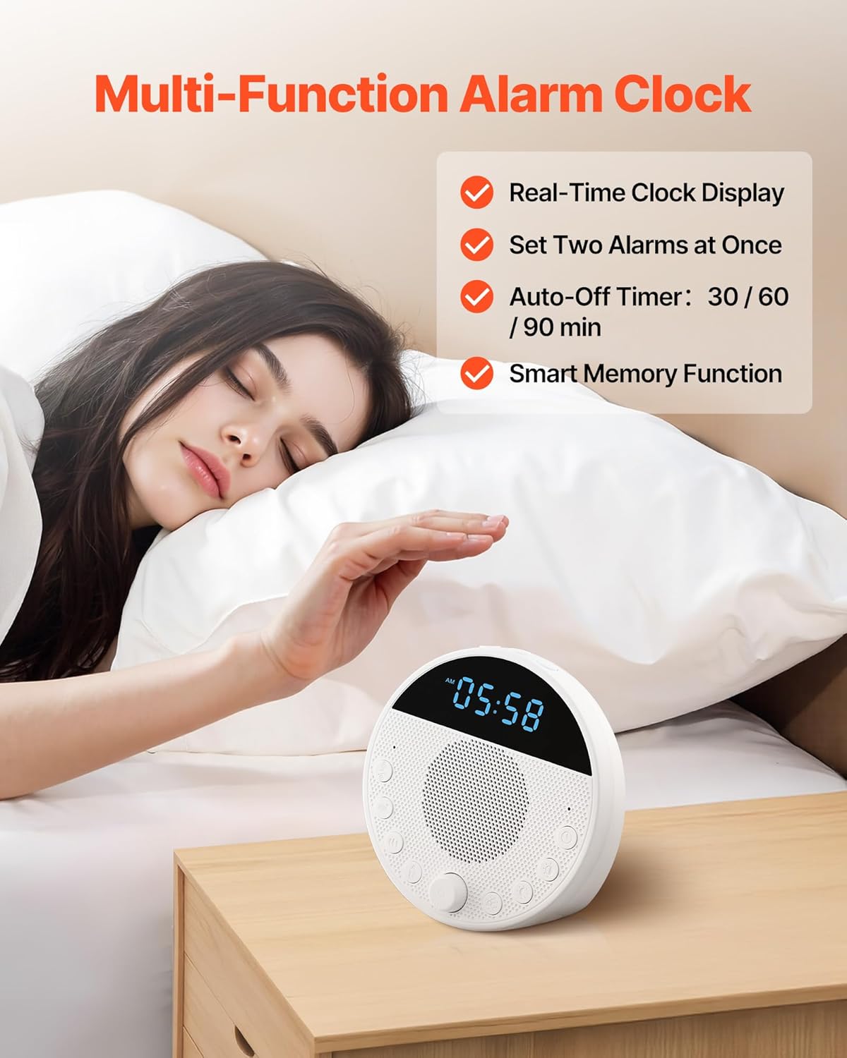 VEVOR Sound Machine, 18 Soothing Sleep Sounds and 7-Color Night Light, 5-in-1 White Noise Sound Machine with Dual Alarms, Auto-Off Timer and Memory Function, for Baby, Adults, Home, Office & Travel