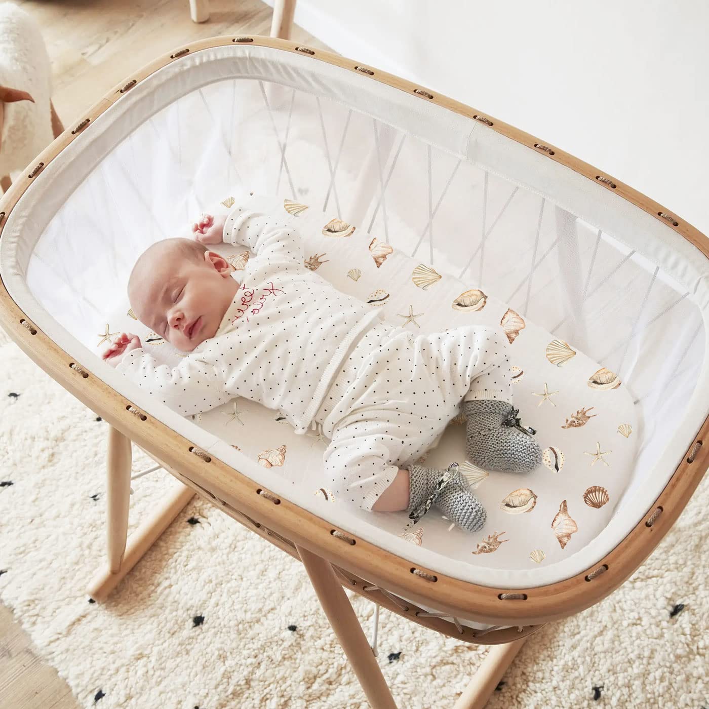 GRSSDER Stretchy Ultra Soft Fitted Bassinet Sheets Set 2 Pack, Cradle Sheet Universal Fit for Rectangle, Oval, or Hourglass Bassinet Pad/Mattress Safe and Snug, Stylish Cute Whale Sea Worl for Baby