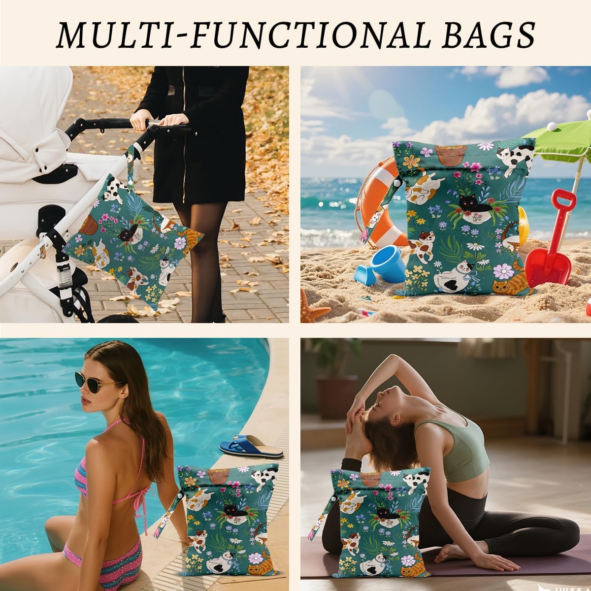 Cat Wet Bags 12x10 Inch, Flowers Waterproof Wet Dry Bags, Colorful Floral Reusable Washable Travel Laundry Bag for Swimsuit Beach Diapers Dirty Yoga Gym Clothes, Cat Gifts for Women Friend Travelers