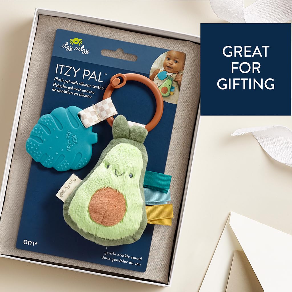 Itzy Ritzy Infant Toy & Teether - Itzy Pal Baby Teething Toy Includes Lovey, Crinkle Sound, Textured Ribbons & Silicone Teether for Newborn (Avocado)