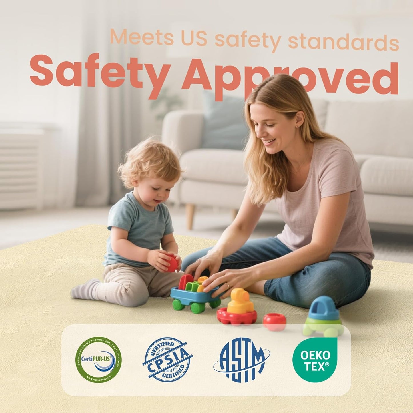 Baby Play Mat for Floor,1.3" Thick Elasti-Foam 50"×50" Playpen Mat for Tummy Time,Water Repellent Soft Coral Velvet for Toddler,Infant,Kids,Non-Slip Backing Safe for Crawling(Vanilla)