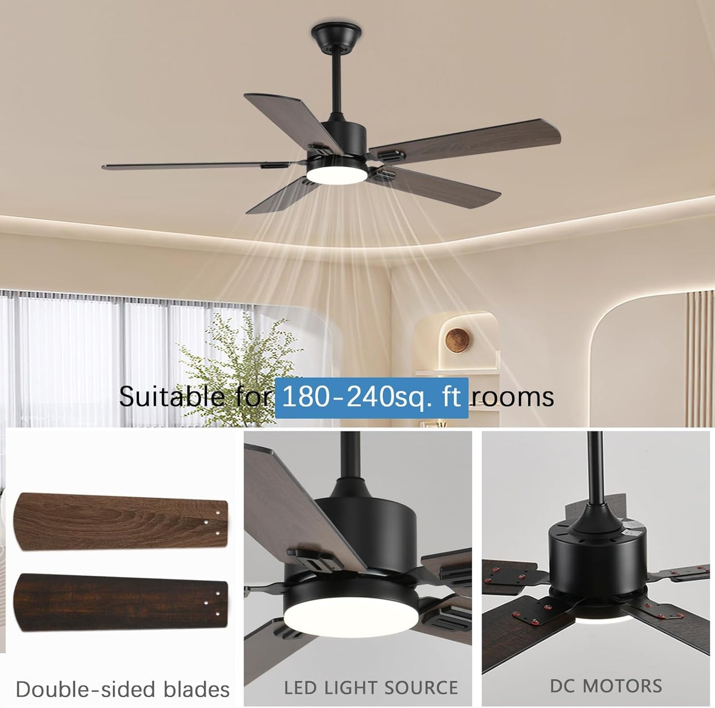 56inch Ceiling Fans with Lights and Remote/App Control, DC Reversible Motor, Noiseless, Dimmable, Low Profile Modern Ceiling Fan for Bedroom Indoor/Outdoor Use(Brown)