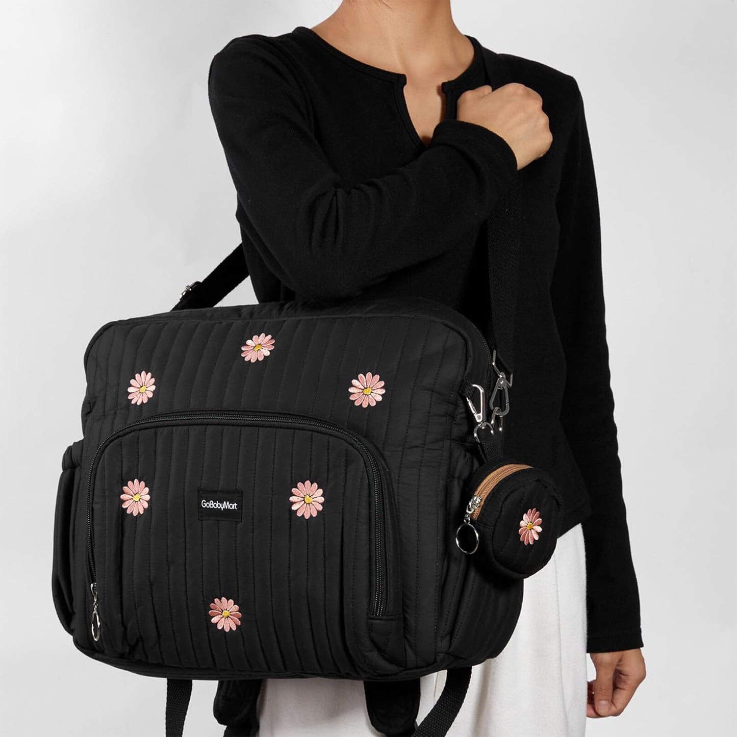 Diaper Bag Backpack, Medium Maternity baby bag & Changing Pad, Insulated Pockets, Stroller Straps & Pacifier Case (Medium - Black Flowers)