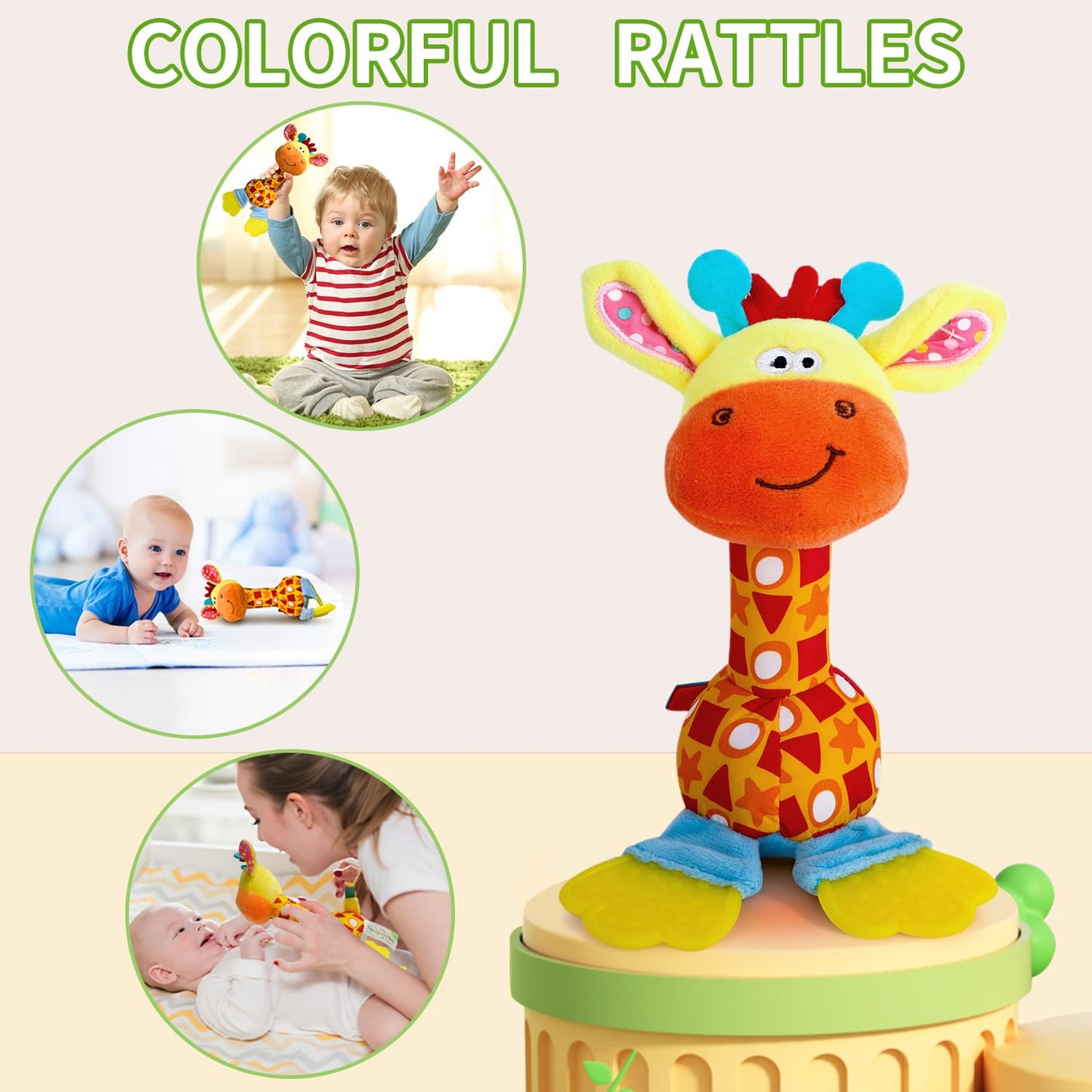 HUADADA Baby Soft Rattles Shaker, Infant Developmental Hand Grip Toys, Sensory Learning Toys with Teether, Sounds for Baby, 3-6-9-12 Months Old