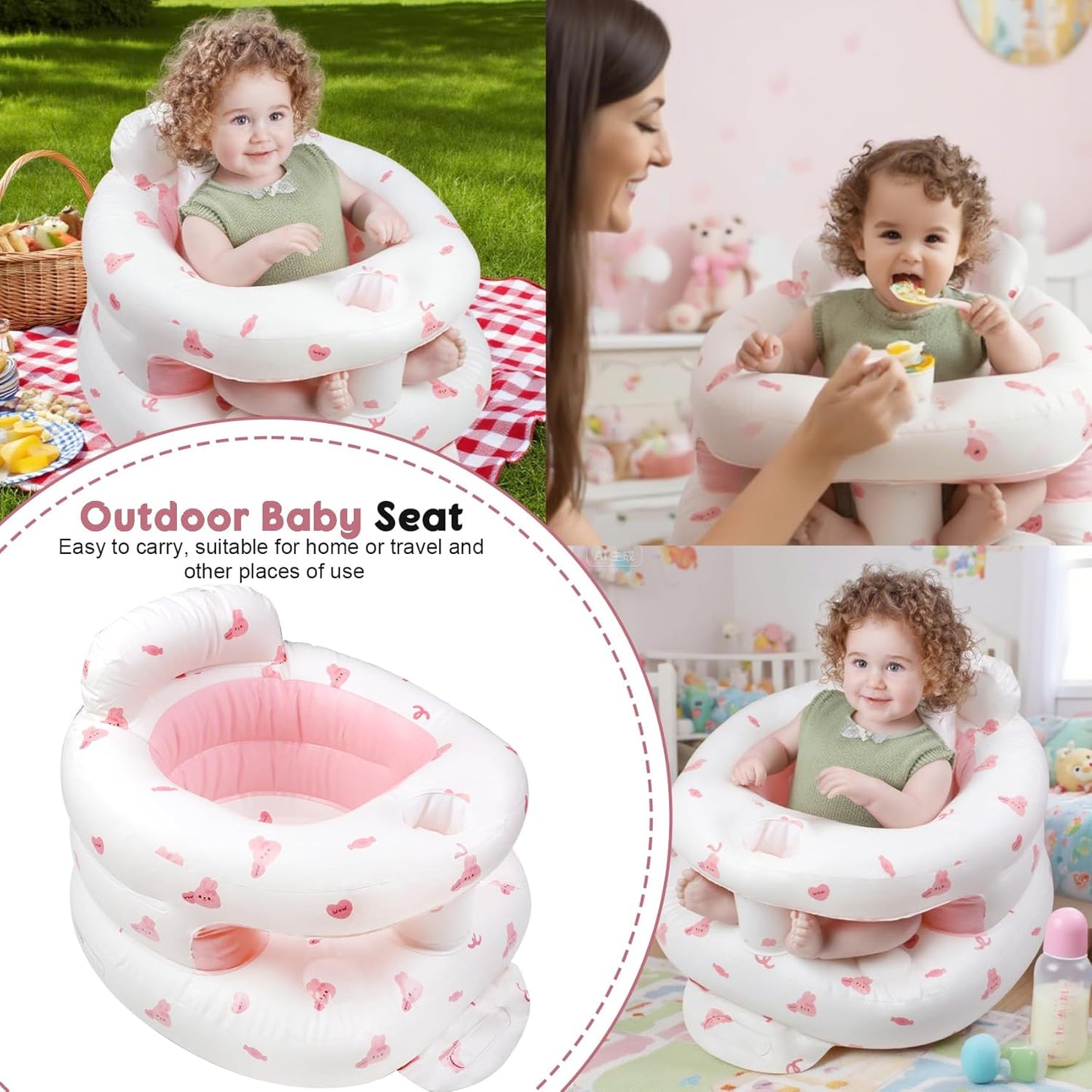 Inflatable Baby Seat for 3-36 Months Babies, Blow up Baby Chair with Built-in Air Pump, PVC Material, Full Enclosure Protection, Outdoor Travel Inflatable Chair for Infant, Pink Love Rabbit