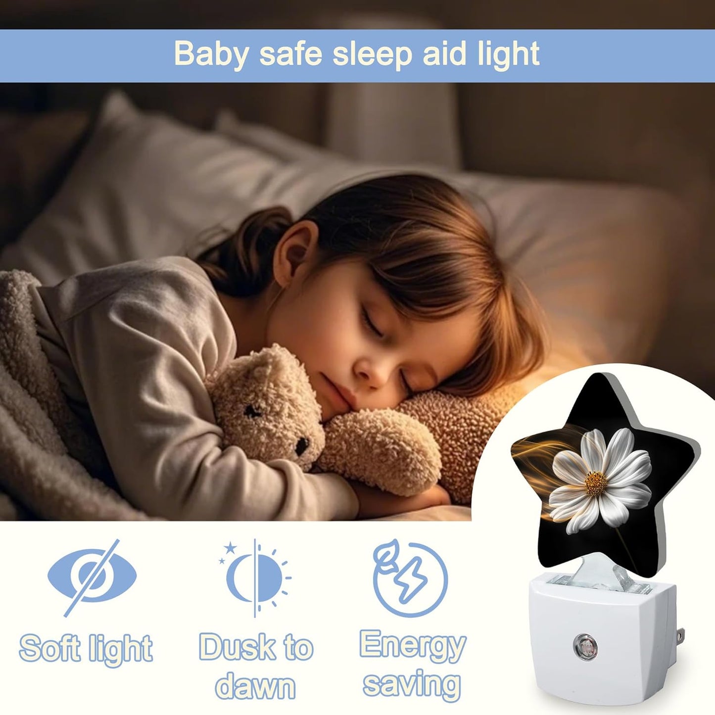 White Daisy Flower Dusk to Dawn Star Night Light,Abstract Floral Smart Sensor Nightlight for Bedroom Kitchen Hallway Stairs,Plug-in Energy Efficient Decor Desk Lamp Women Men Gifts