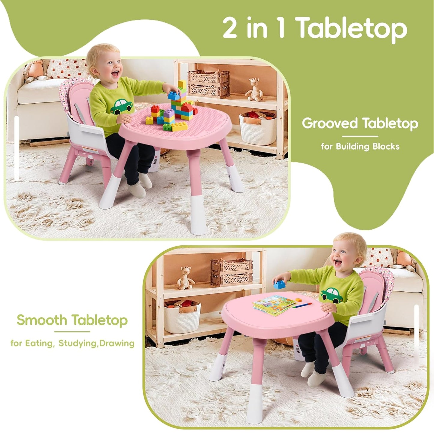 15 in 1 Convertiable High Chair for Babies and Toddlers, 2 in 1 Highchair & Activity Center w/Toys, Booster Seat, Toddler Chair w/5-Point Harness & Removable Tray & 2-Layer Cusion (Pink)