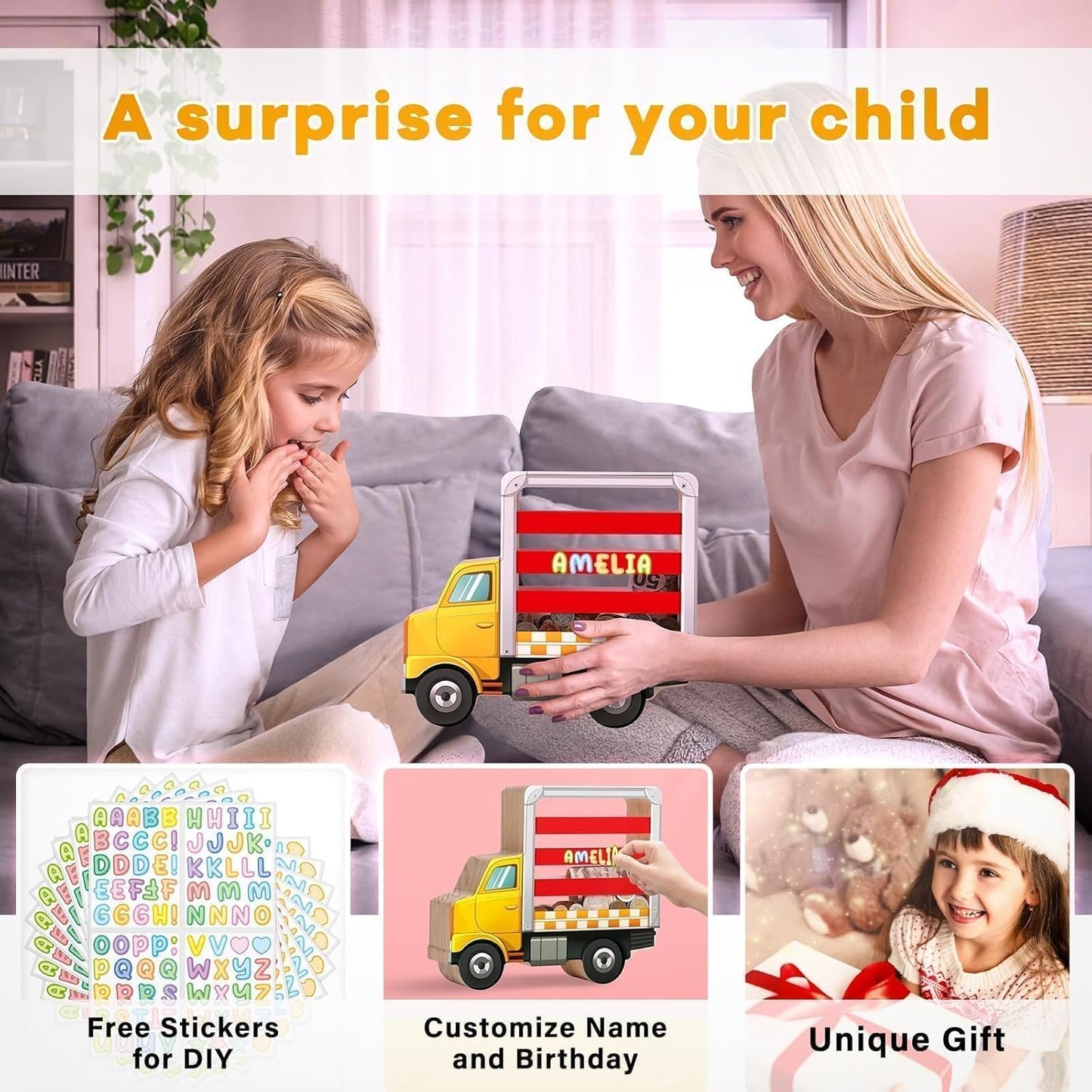 Wooden Piggy Bank for Kids, Truck Piggy Bank with Acrylic Panels, Unbreakable Toddler Money Box for Boys and Girls, DIY Kids Safe Coin Box with Letter Sticker, Birthday Gift