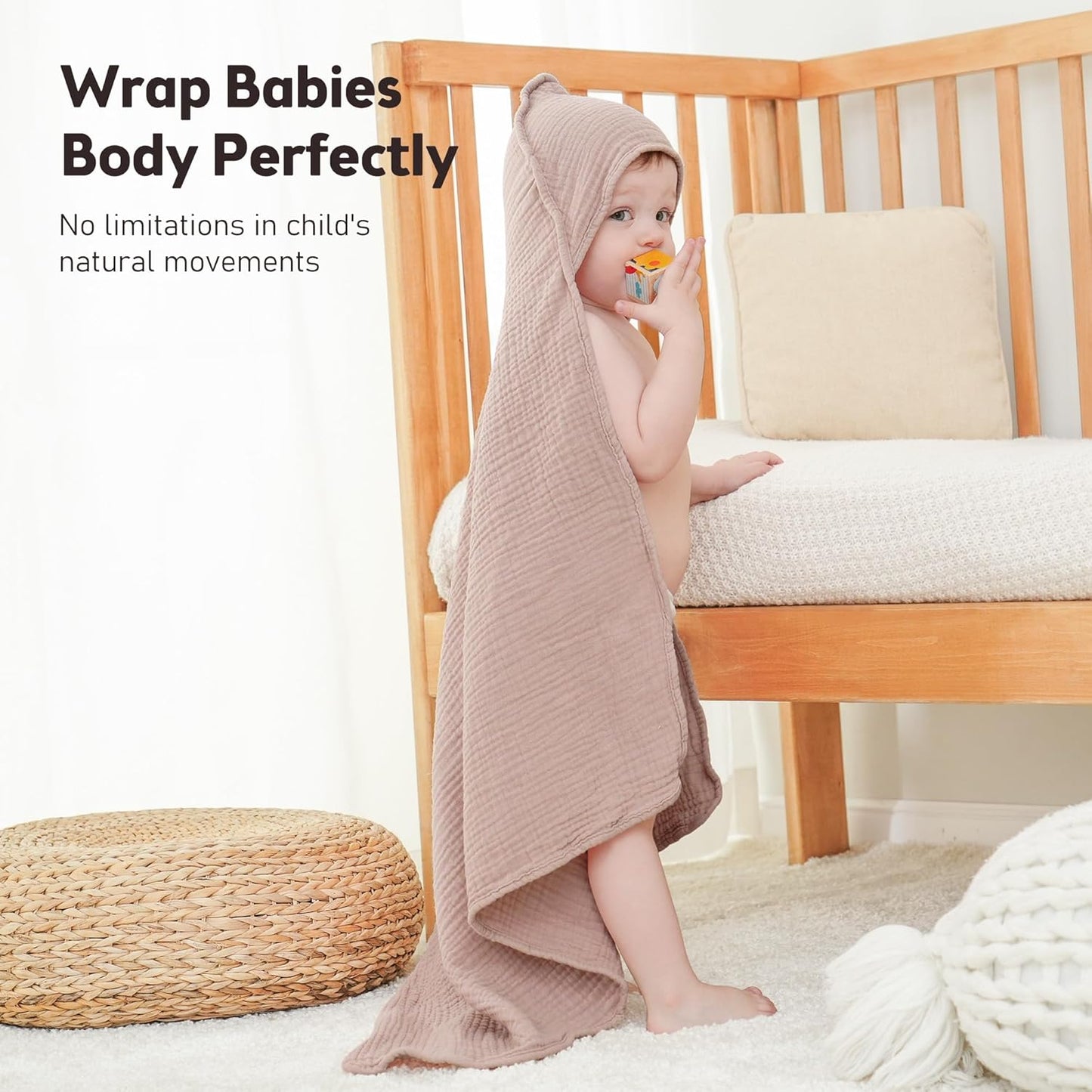 Susurration Hooded Baby Towels for Newborn 2 Pack 100% Muslin Cotton Towel for Babies,Highly Absorbent and Newborn Essential 30x30 Inch Beige&Sand
