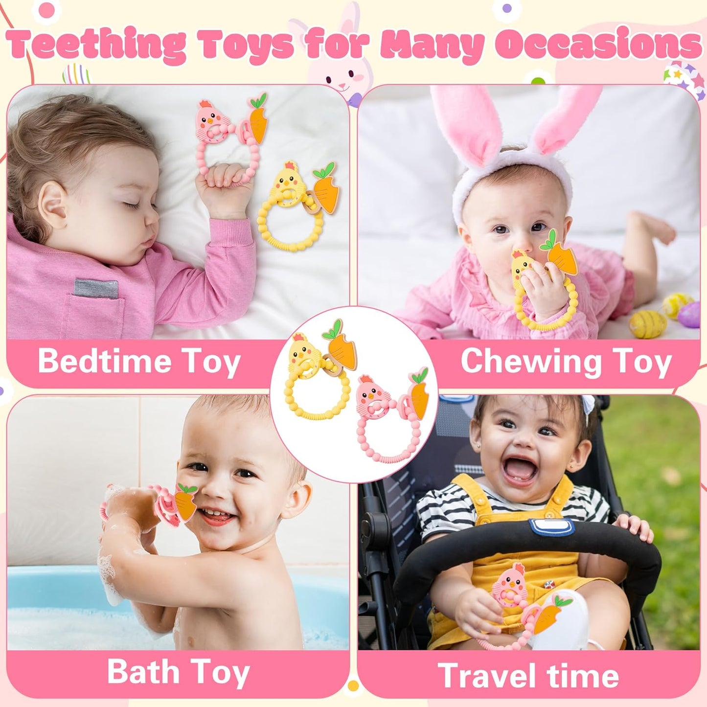 Silicone Teether Toys for Babies - 2ooya 2Pcs Pink Yellow Carrot Chick Teething Ring Infant Soft Teethers, Toddler Teething Chew Toys for Newborn Boy and Girl Baby Shower Birthday Gifts