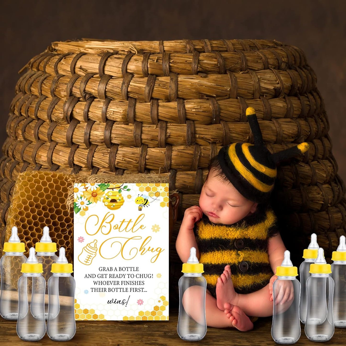 TrelaCo Cool Baby Shower Games Wooden Bottle Chug Sign Bee Theme Gift Sets and 12 Pcs Baby Bottle Shower Favor for Honeycomb Bee Games Gender Reveal