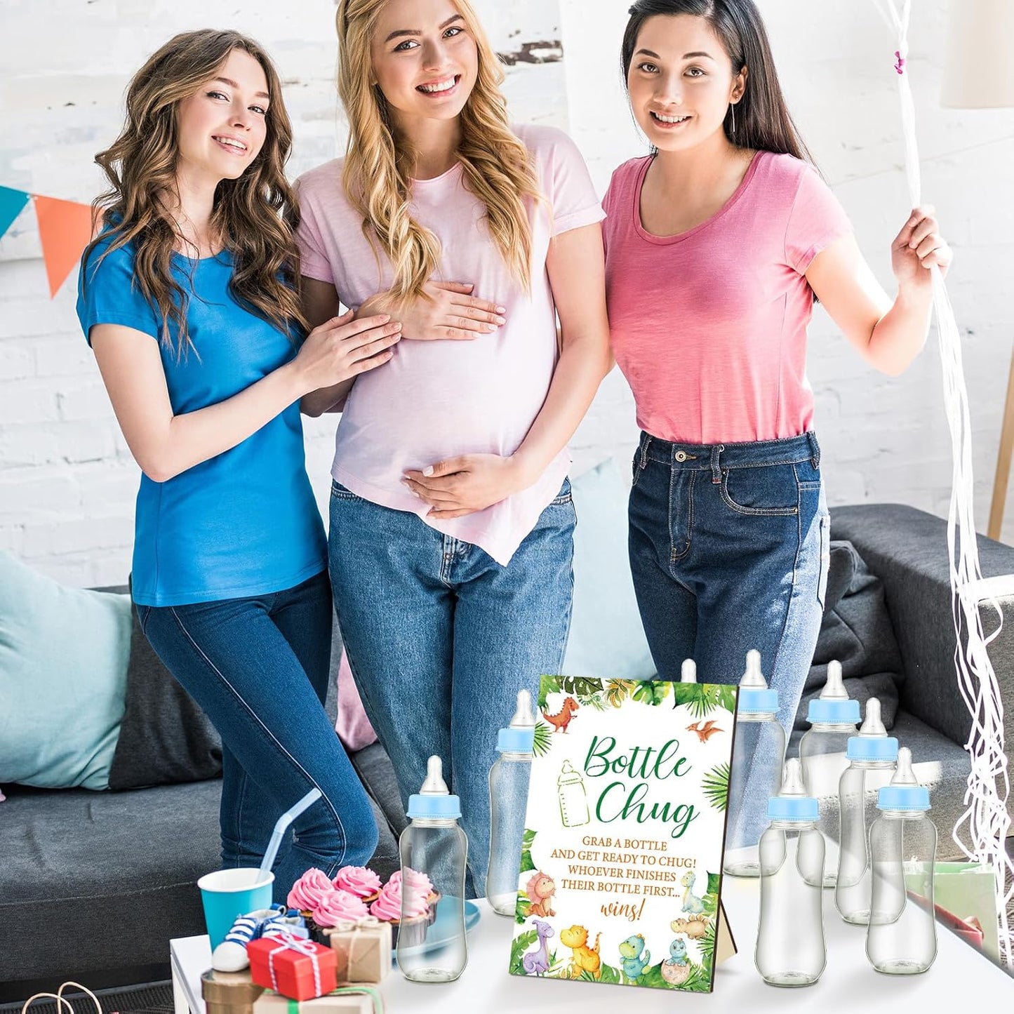 TrelaCo Dinosaur Cool Baby Shower Games Bottle Chug Sign Wooden Green Leaf Gift Sets Gender Reveal Party Favors and 12 Pcs Baby Bottle Shower Favor for Game Gender Reveal