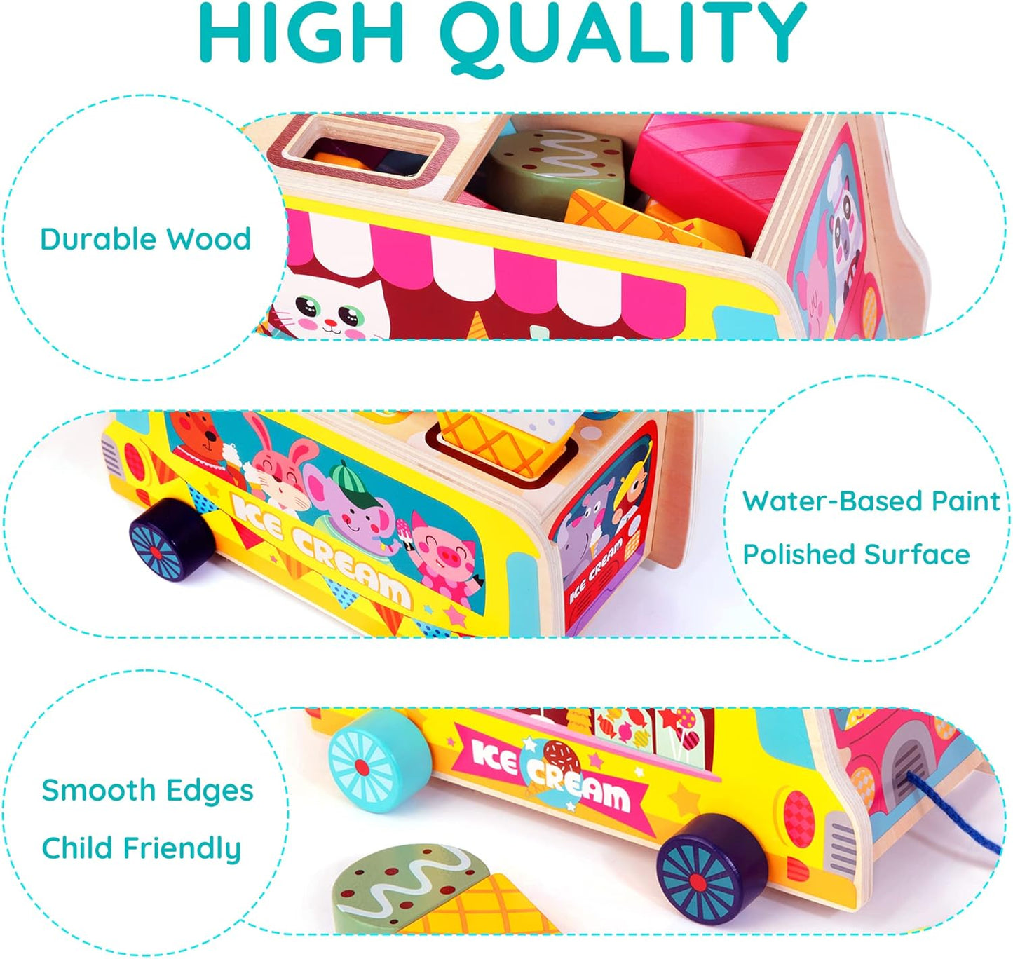 Wooden Ice Cream Truck, 28 pcs Magnetic Ice Cream Sweet Treats Pretend Play Food & Accessories, Montessori Sorting & Stacking Toys for Toddler Girls & Boys Age 2-5