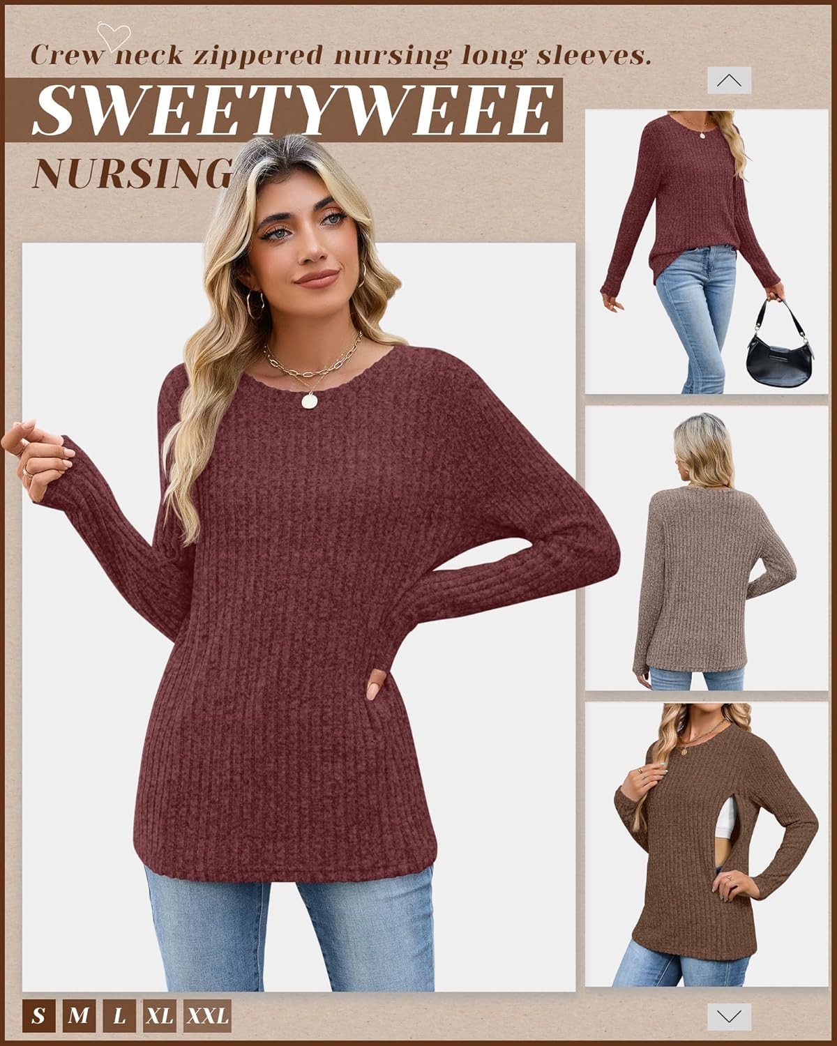 3 Pack Women's Nursing Long Sleeve Tops Breastfeeding Thermal Sweaters with Hidden Zipper Maternity Ribbed Shirts