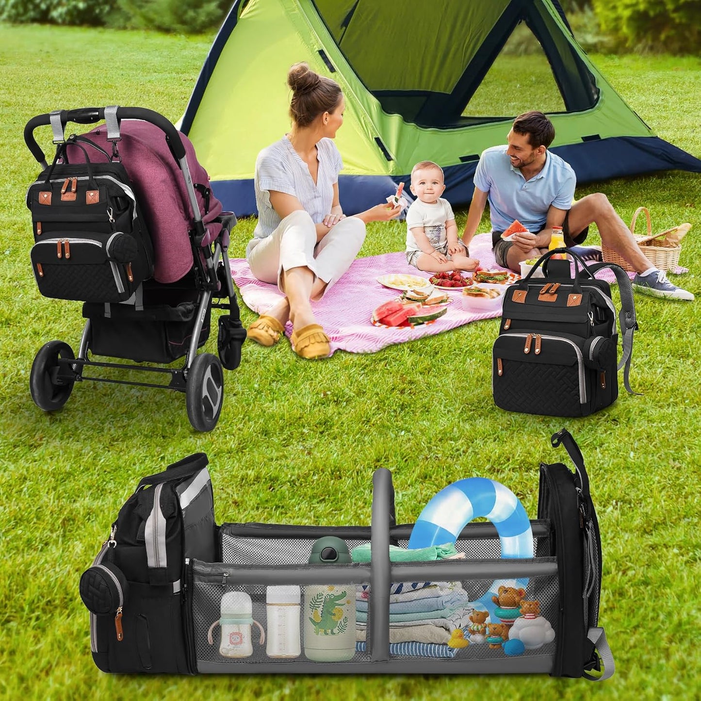 Baby Diaper Bags with Changing Station, Large Capacity Diaper Bag Backpack for Moms Dads with USB Charging Port,Travel Baby Bag with Pacifier Case & Stroller Straps(Up-Black)