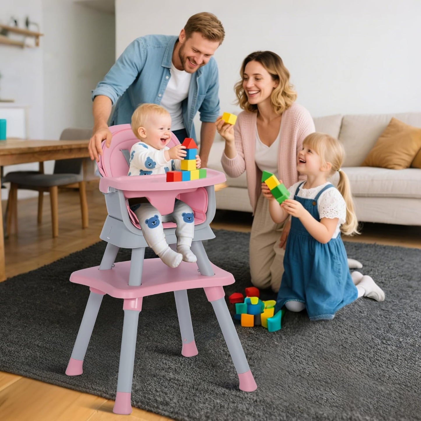 Baby High Chair, 8 in 1 Convertible Highchairs for Babies and Toddlers, Children Dining Booster Seat/Kids Building Block Table for Girls Boys, Baby Seat with Removable Tray, Pink