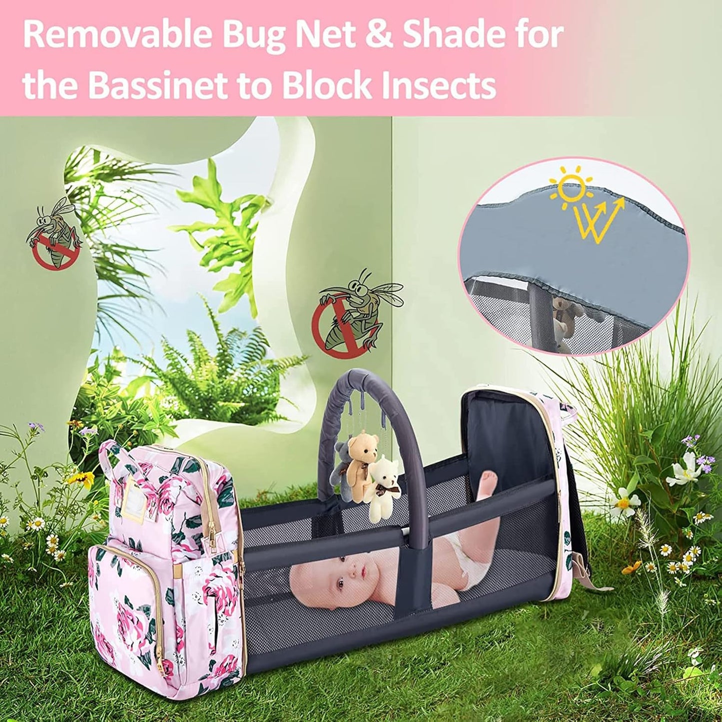 Diaper Bag Backpack with Changing Station, Foldable for Bady Toddler, 3 in 1 Large Capacity Newborn Essentials Organizer with Stroller Hook for Girls and Boys(Pink)