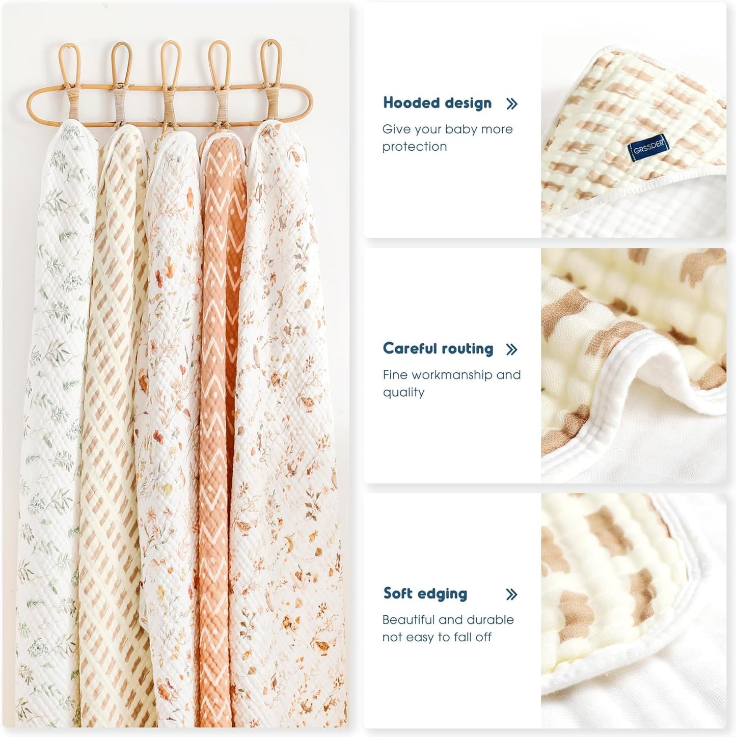 GRSSDER Ultra Soft Absorbent Muslin Cotton Baby Hooded Towel 2 Pack with Original Patterns, Extra Large Size 35"x 35" Swaddle Wrap for Newborn Infant and Toddler