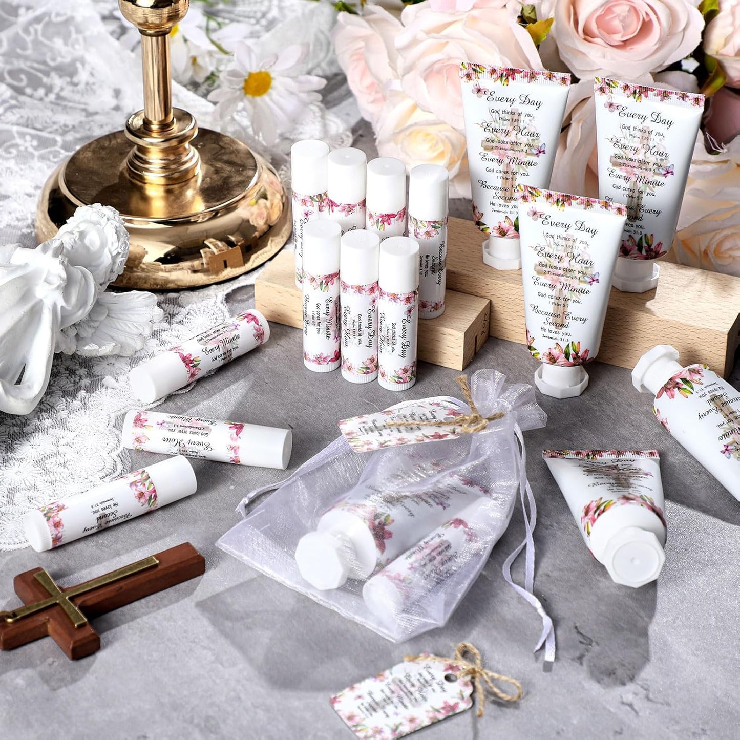 24 Sets Christian Hand Cream and Lip Balm Gift Set Christmas Christian Gift for Women Travel Size Hand Lotion Bible Verse Lip Balm Bulk for Baby Bridal Shower Mom Holiday Gift(Stylish)