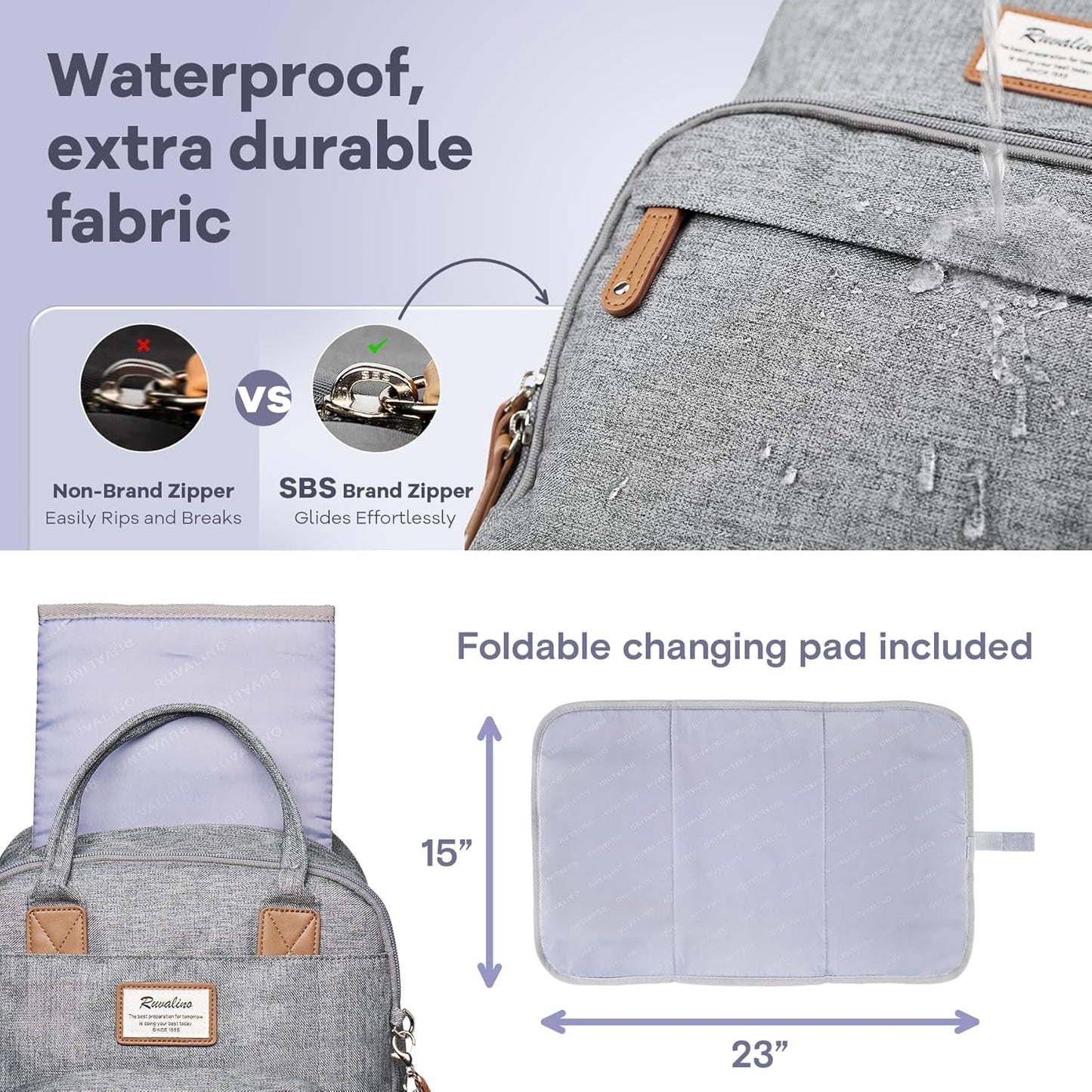 RUVALINO Diaper Bag Backpack-Multifunction Travel Baby Diaper Bag with Changing Pad, Insulated Bottle Holders & Pacifier Case, Large Capacity, Waterproof, Gray