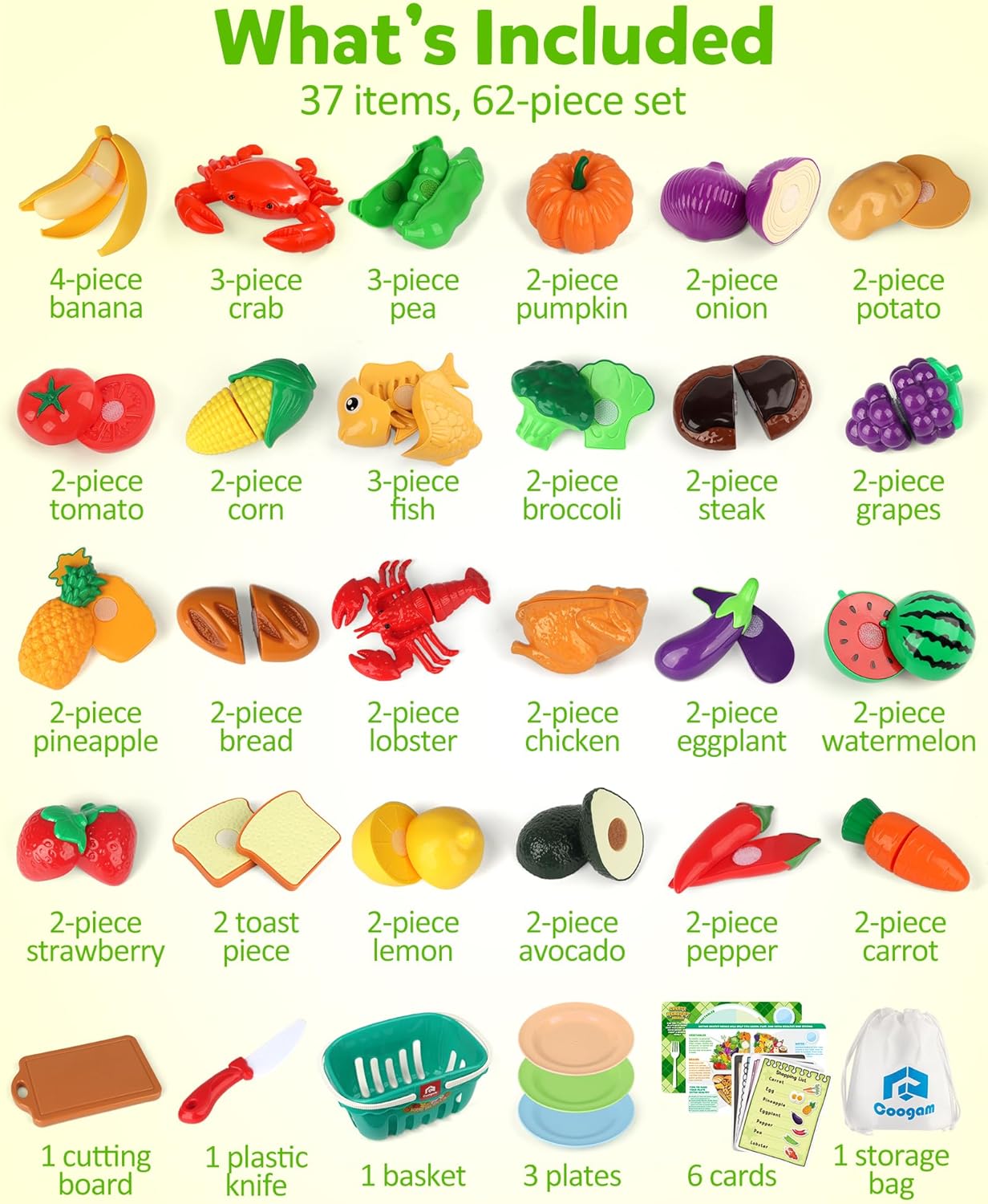 Coogam Pretend Play Food Kitchen Accessories for Kids, Fake Fruits Meats Vegetables Cutting Food with Shopping Storage Basket for Preschool Activities, Daycare Educational Toy for 3 4 5 Years old Kids