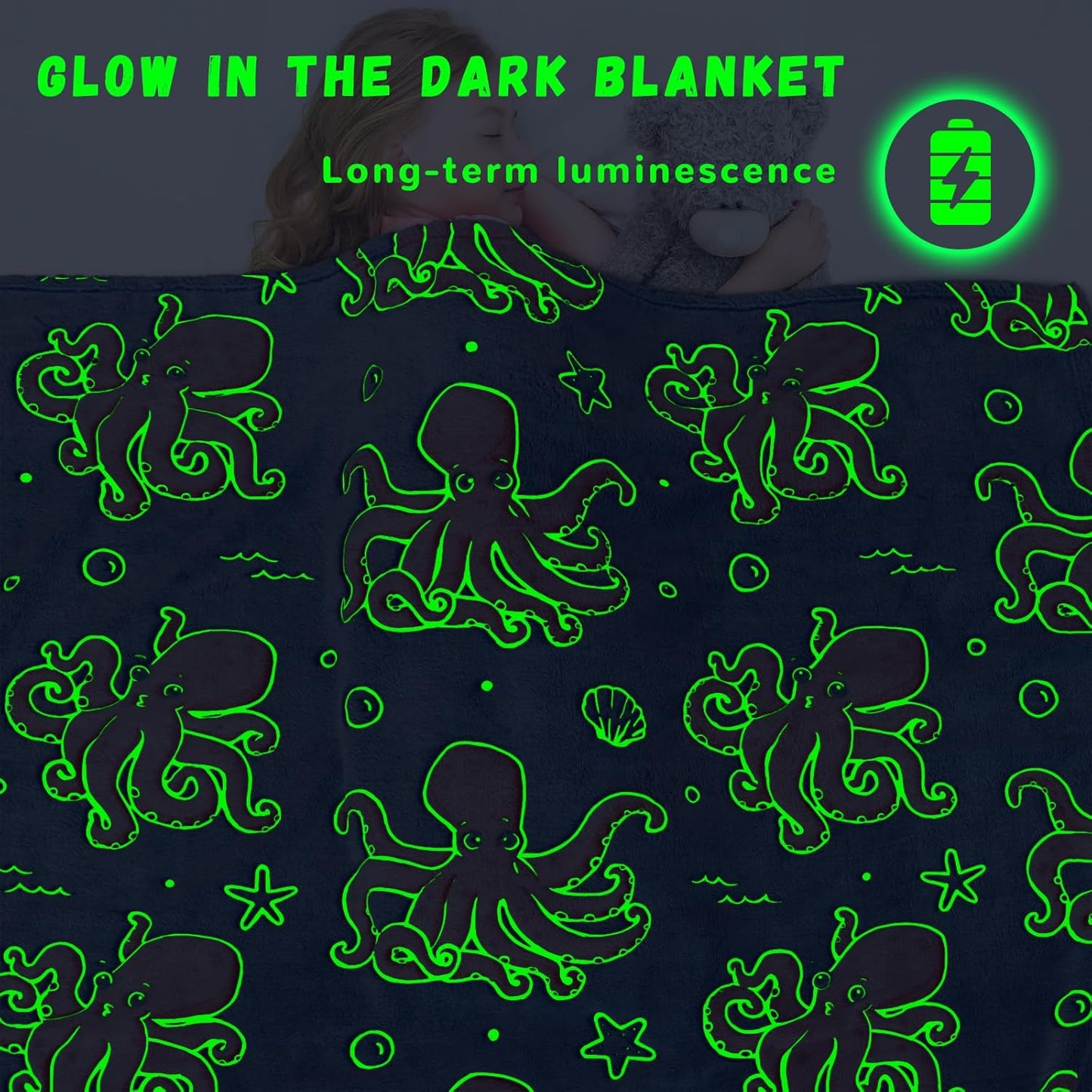 Glow in The Dark Octopus Blanket for Kids - Soft Fleece Ocean Animal Throw Blanket Sea Creature Octopus Gifts Toys for Boys & Girls 3-12 Years Old 50x60inch