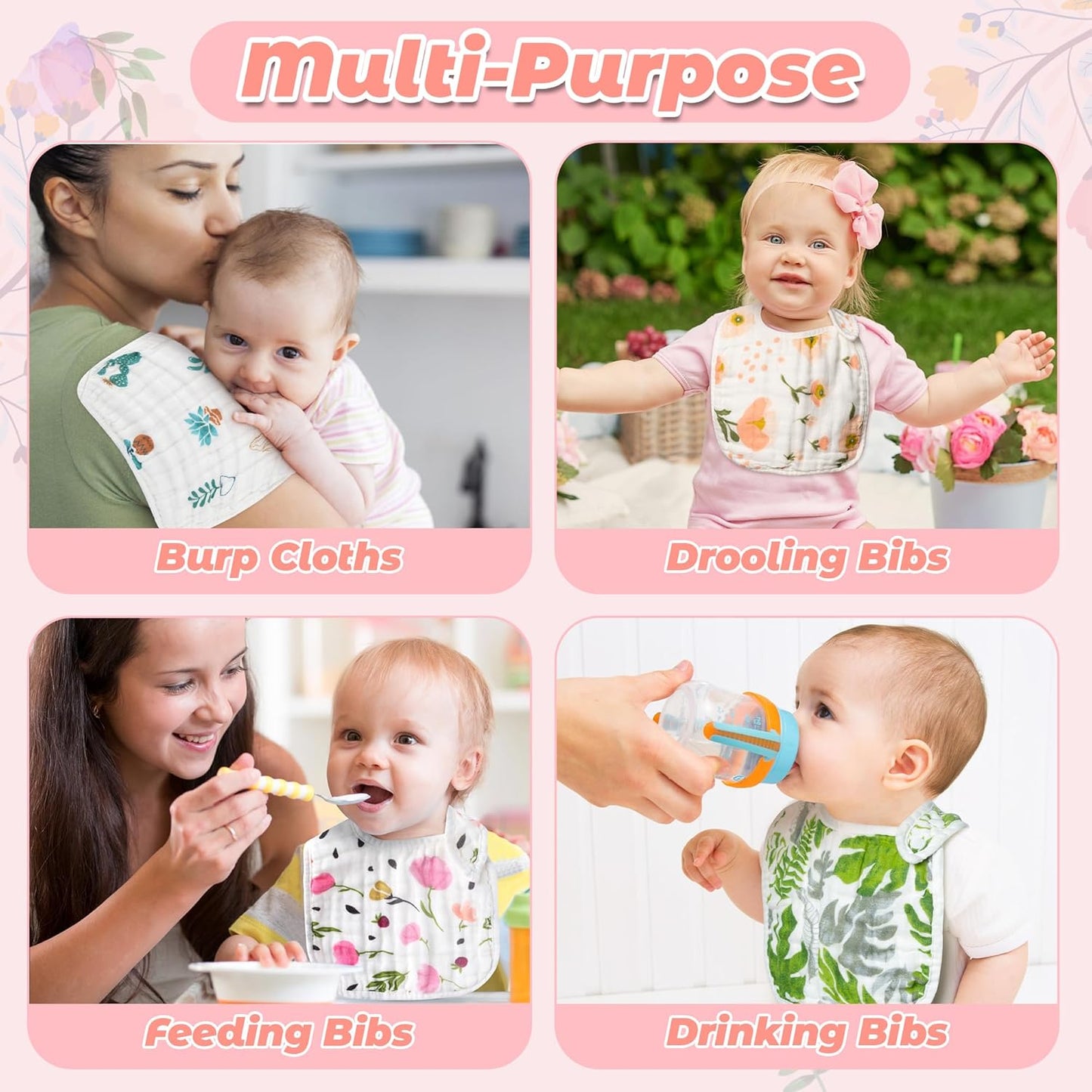 Zainpe 20Pcs Snap Muslin Cotton Baby Bibs Soft Absorbent Adjustable Burp Cloths for Newborns Drooling Feeding Teething Eating