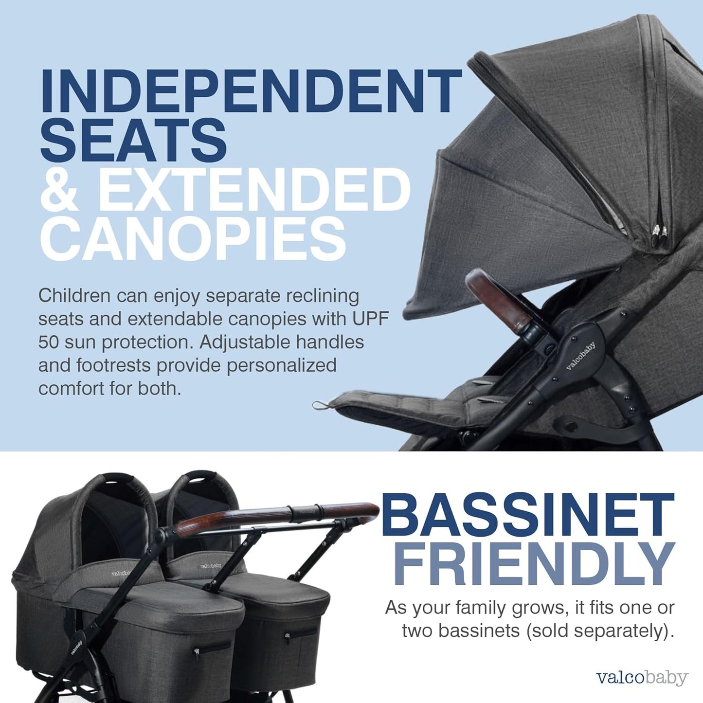 Valco Baby Trend Duo Light Weight Side by Side Double Stroller 2025(Charcoal) - Easy and Compact fold, Multi-Position Recline, Large Canopy, Independent Twin Vents and More - Luxurious Twin Pram