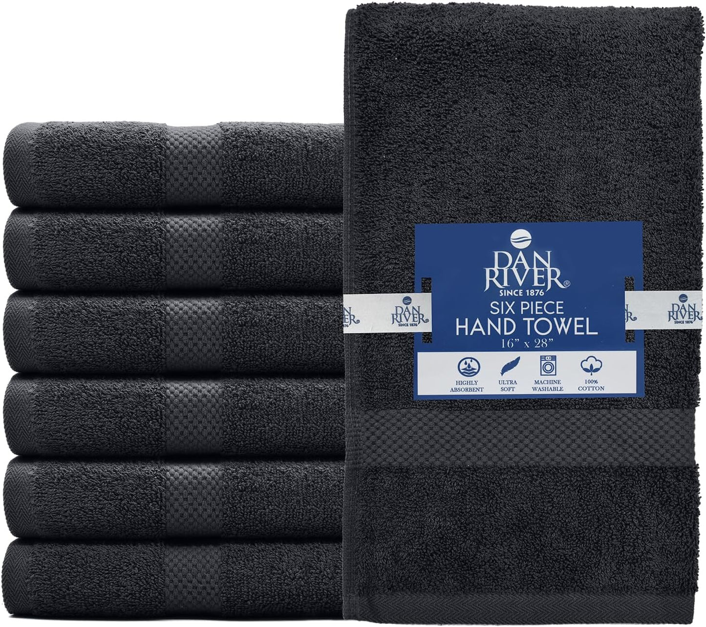 DAN RIVER 6-Pack Premium Hand Towels (16x28 Inches) - 100% Cotton, Ultra Soft, Lightweight, Highly Absorbent Towels for Bathroom, Spa, Gym, Salon, Hotel, and Travel - 550 GSM โ Charcoal